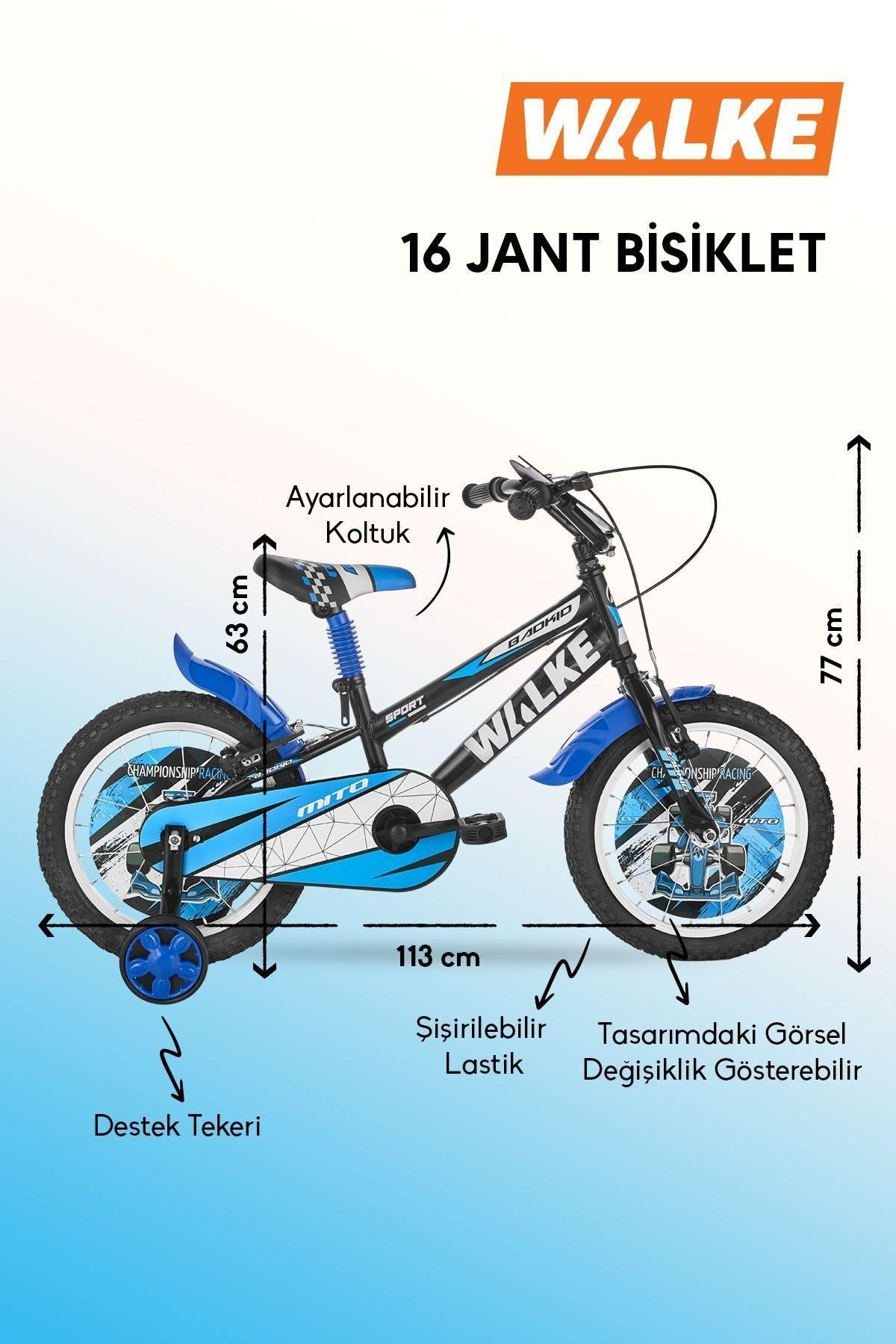 Walke Mito 16 Jant Çocuk Bisikleti Mavi  Eva Destek Tekeri Hediyeli 5-8 Yaş