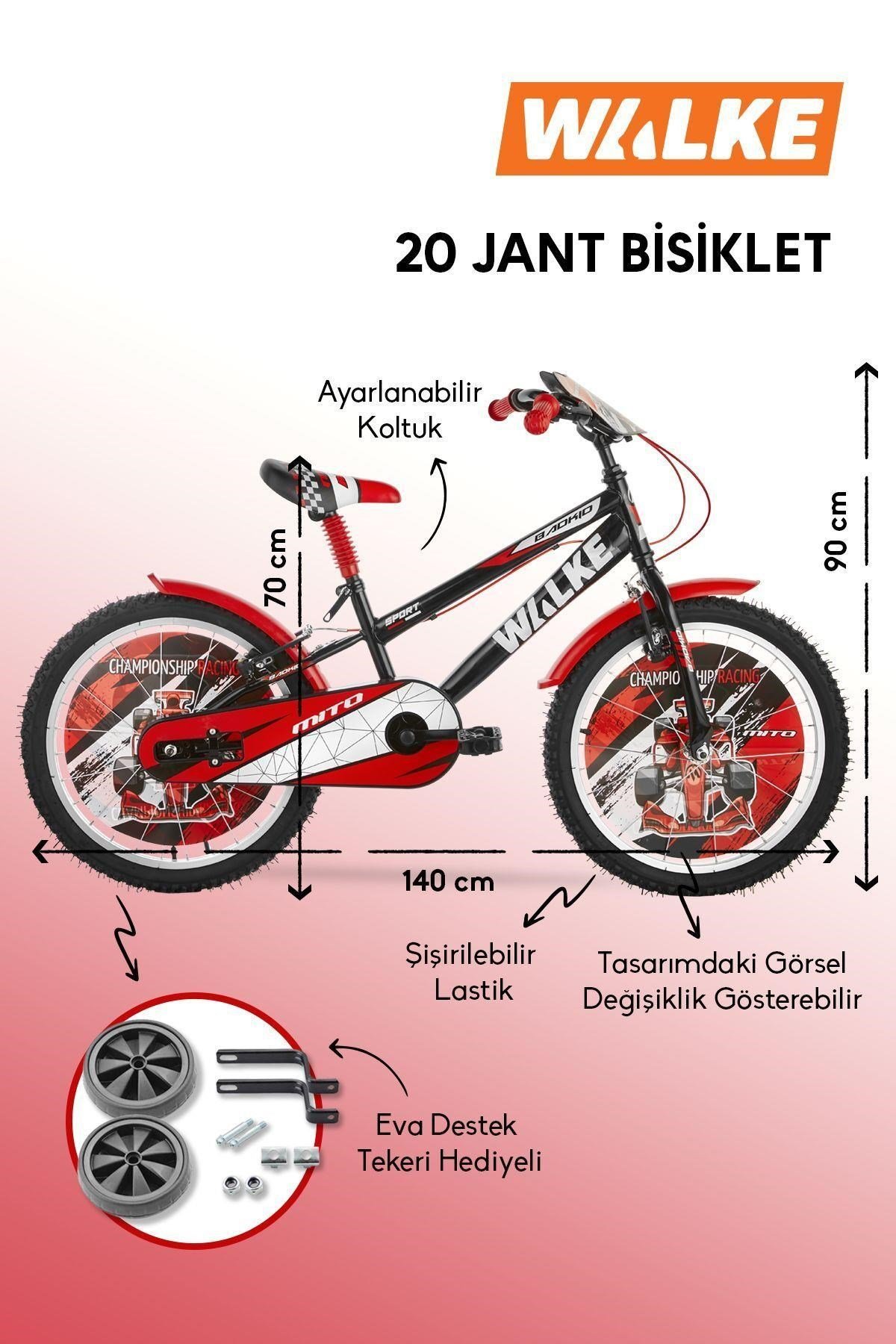 Walke Mito 20 Jant Çocuk Bisikleti Kırmızı Eva Destek Tekeri Hediyeli 7-10 Yaş