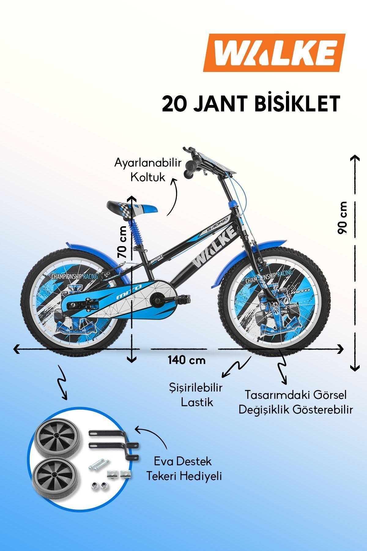 Walke Mito 20 Jant Çocuk Bisikleti Mavi Eva Destek Tekeri Hediyeli 7-10 Yaş