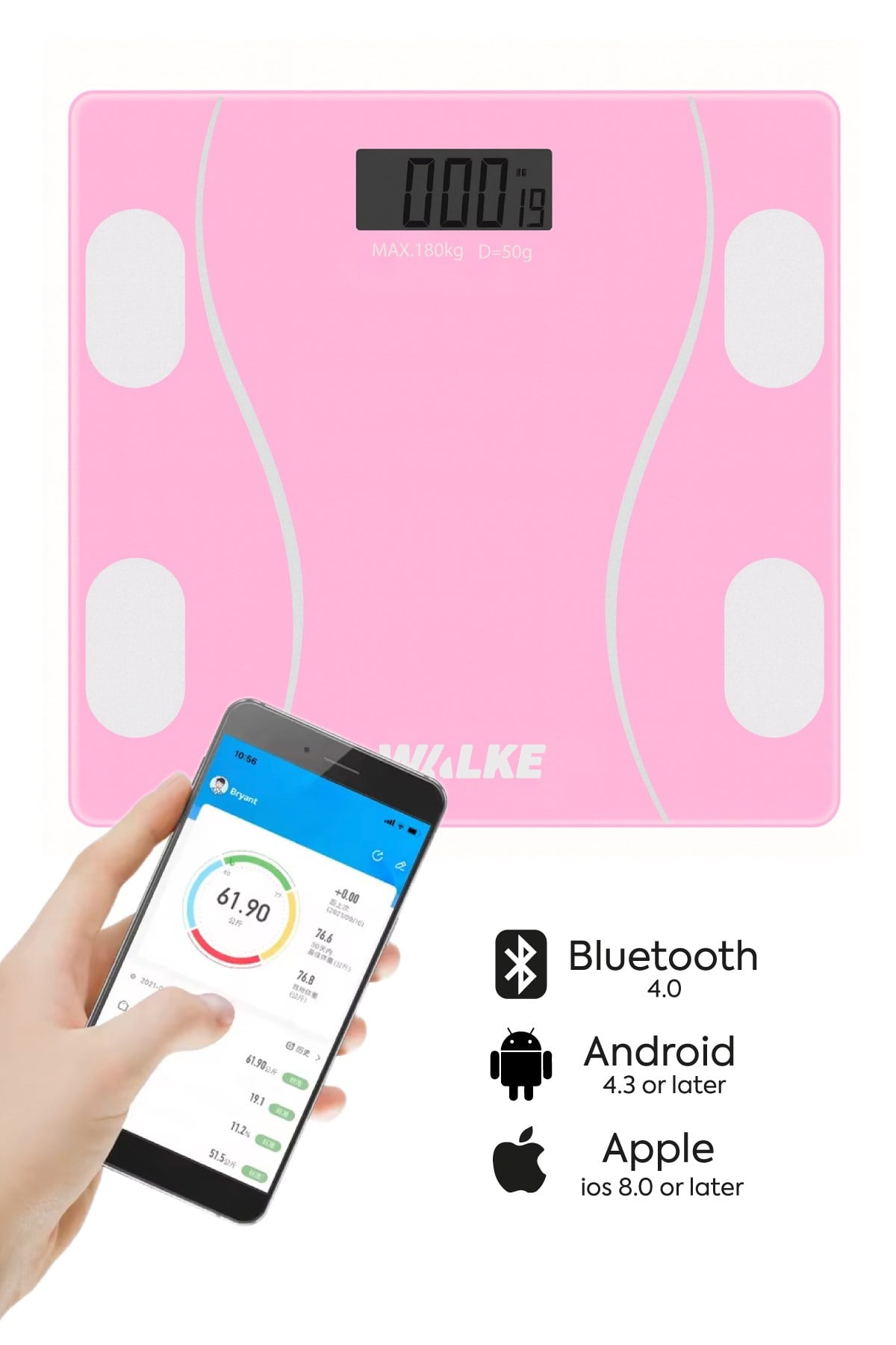 WALKE Premium Uygulama Bağlantılı Akıllı Baskül Pembe