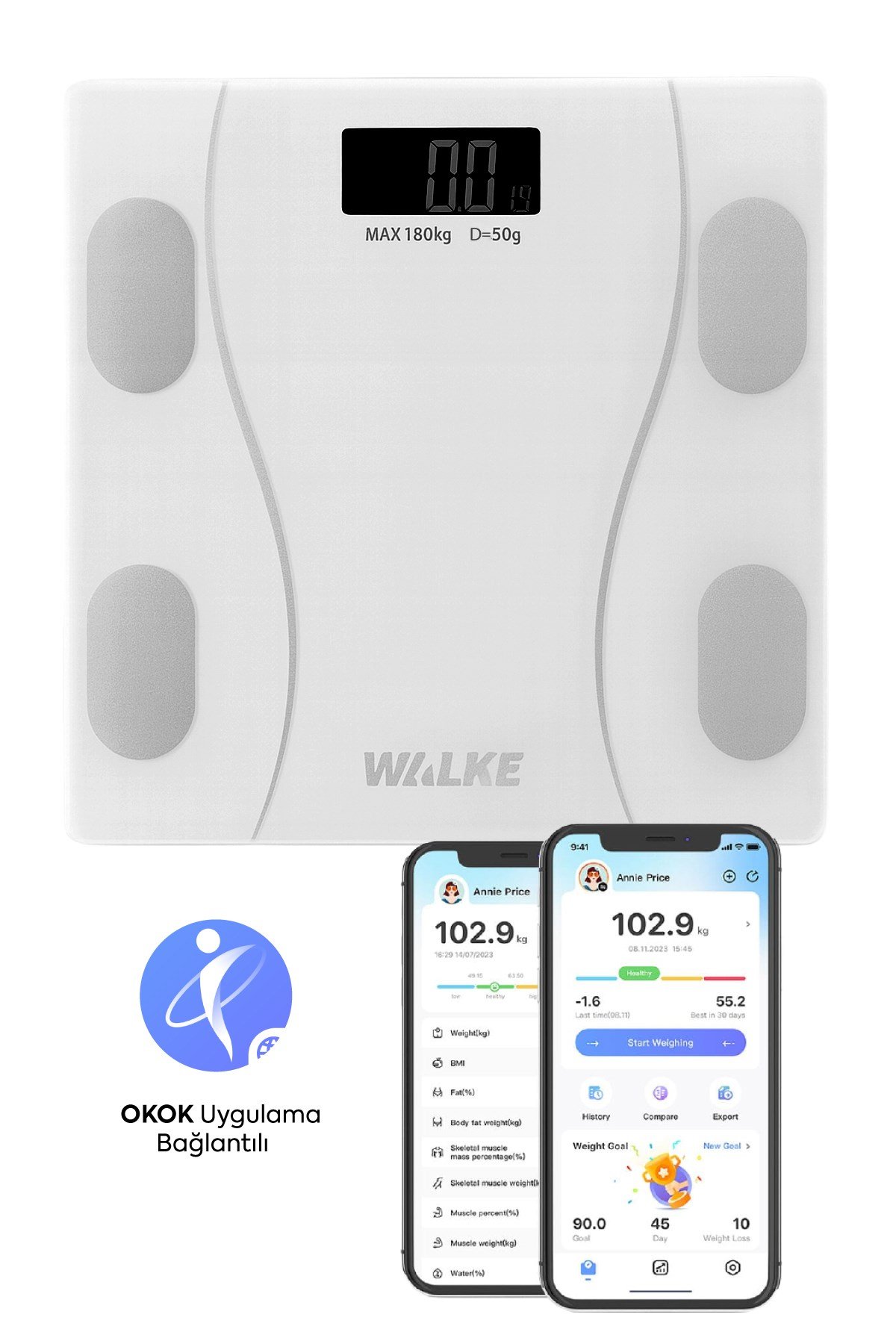 WALKE Premium Uygulama Bağlantılı Akıllı Baskül Beyaz