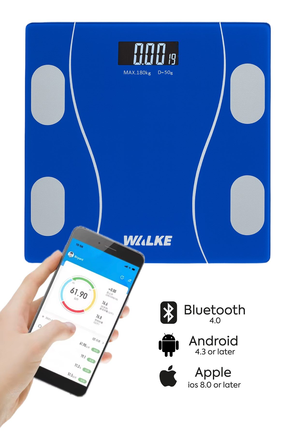 WALKE Premium Uygulama Bağlantılı Akıllı Baskül Mavi