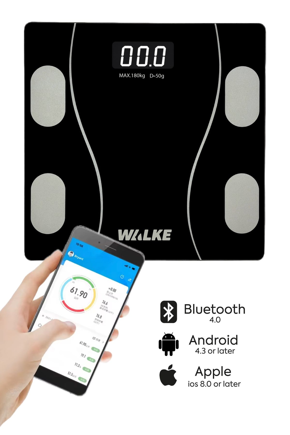 WALKE Premium Uygulama Bağlantılı Akıllı Baskül Siyah
