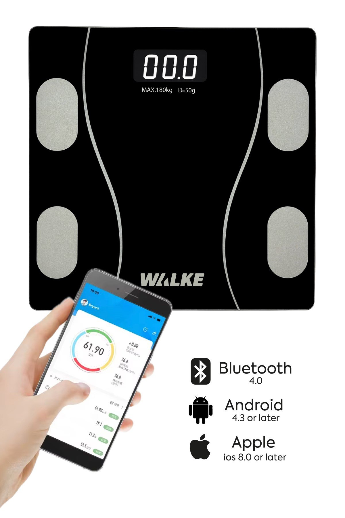 WALKE Premium Uygulama Bağlantılı Akıllı Baskül Siyah