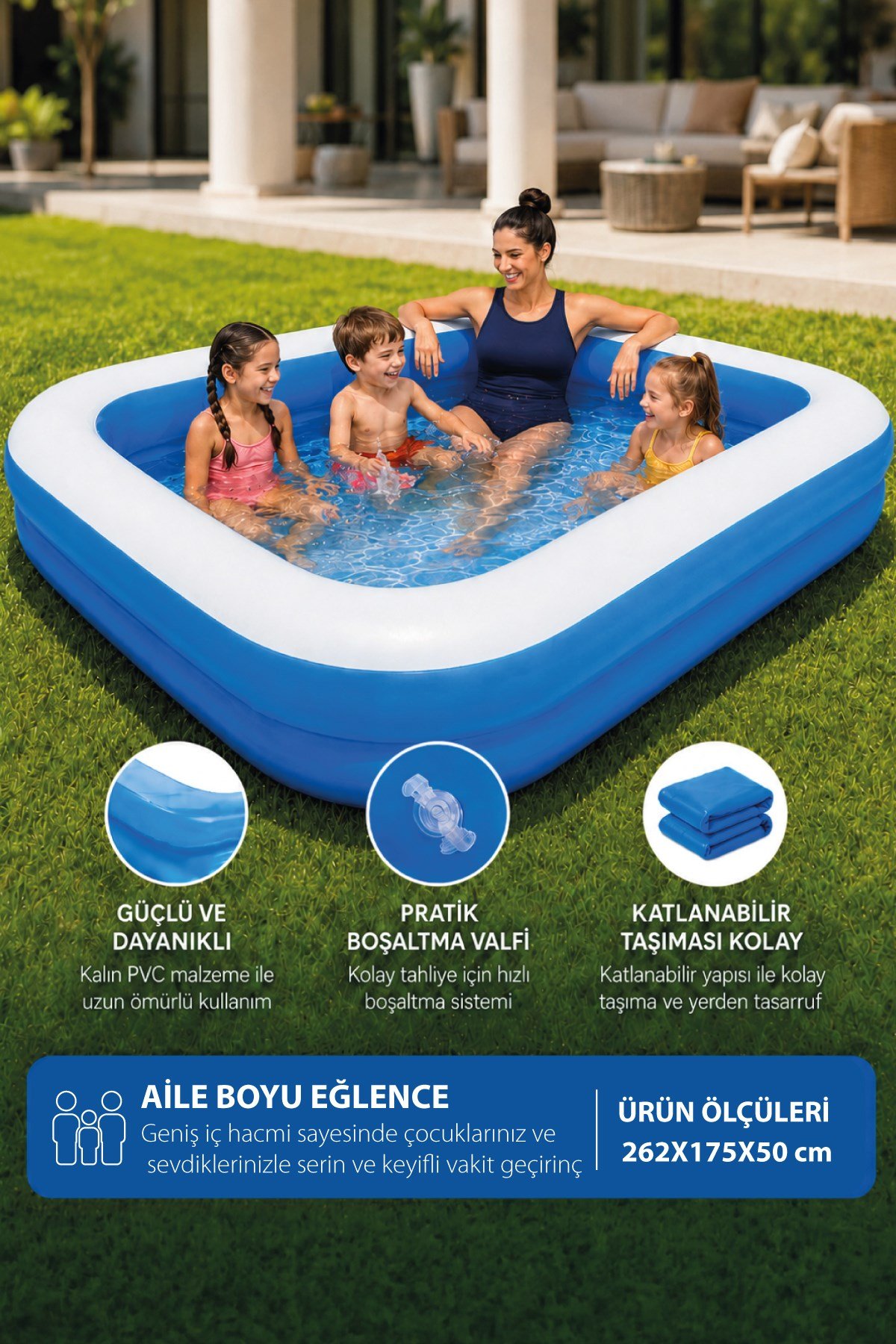 Walke Şişme Aile Havuzu 262x175x51 cm Büyük Boy Dikdörtgen Bahçe Havuzu 14107