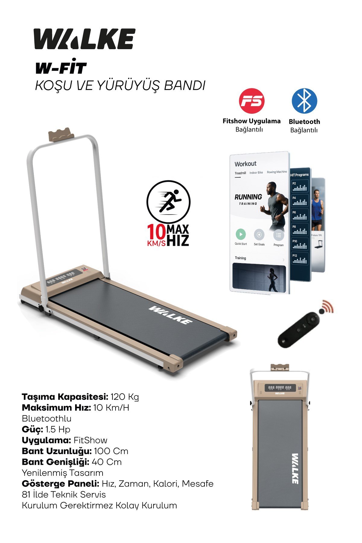 Walke W-fit Brown Bluetoothlu Uygulamalı Uzaktan Kumandalı Koşu Bandı Yürüyüş Bandı Kahverengi