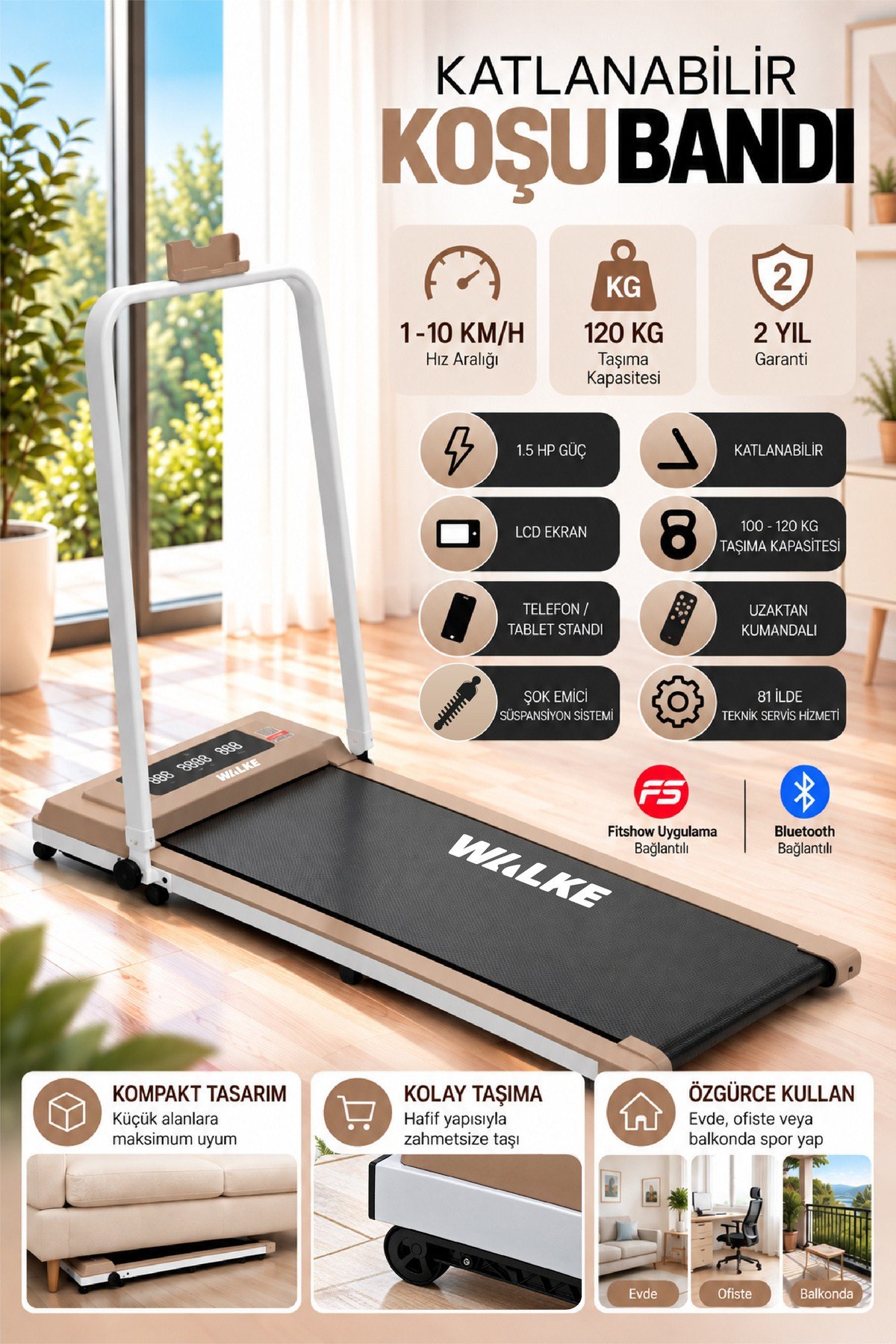Walke W-fit Brown Bluetoothlu Uygulamalı Uzaktan Kumandalı Koşu Bandı Yürüyüş Bandı Kahverengi