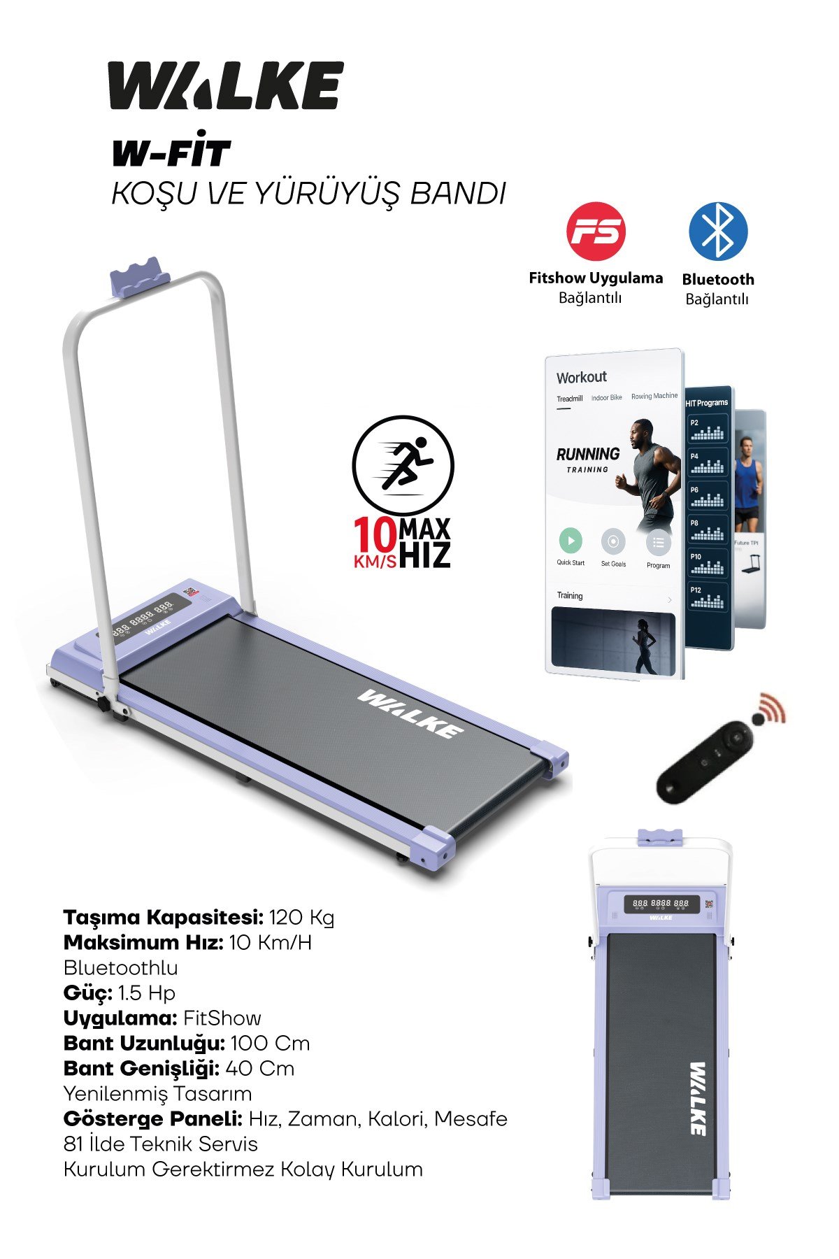 Walke W-fit Purple Bluetoothlu Uygulamalı Uzaktan Kumandalı Koşu Bandı Yürüyüş Bandı Mor