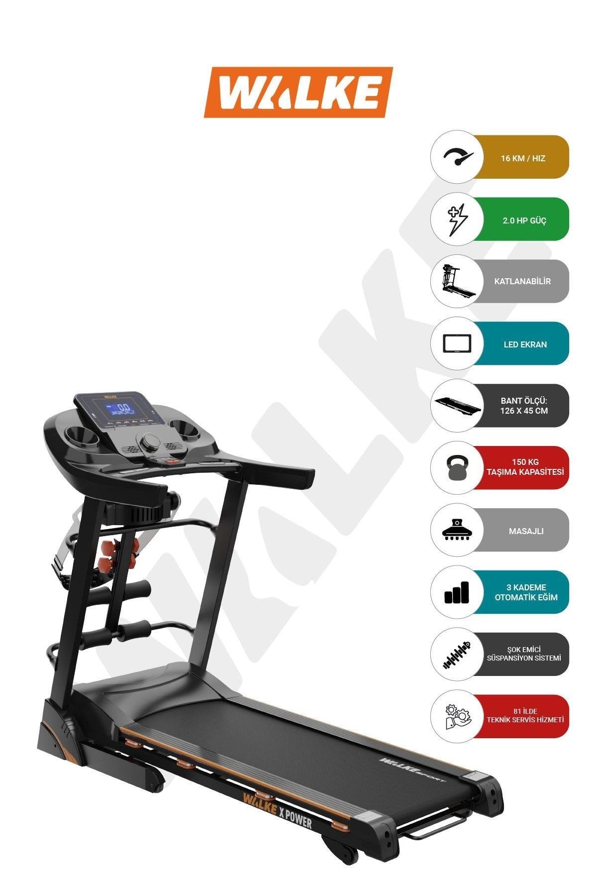 Walke X-Power Profesyonel Otomatik Eğimli Masajlı Koşu Bandı 2.5 Hp