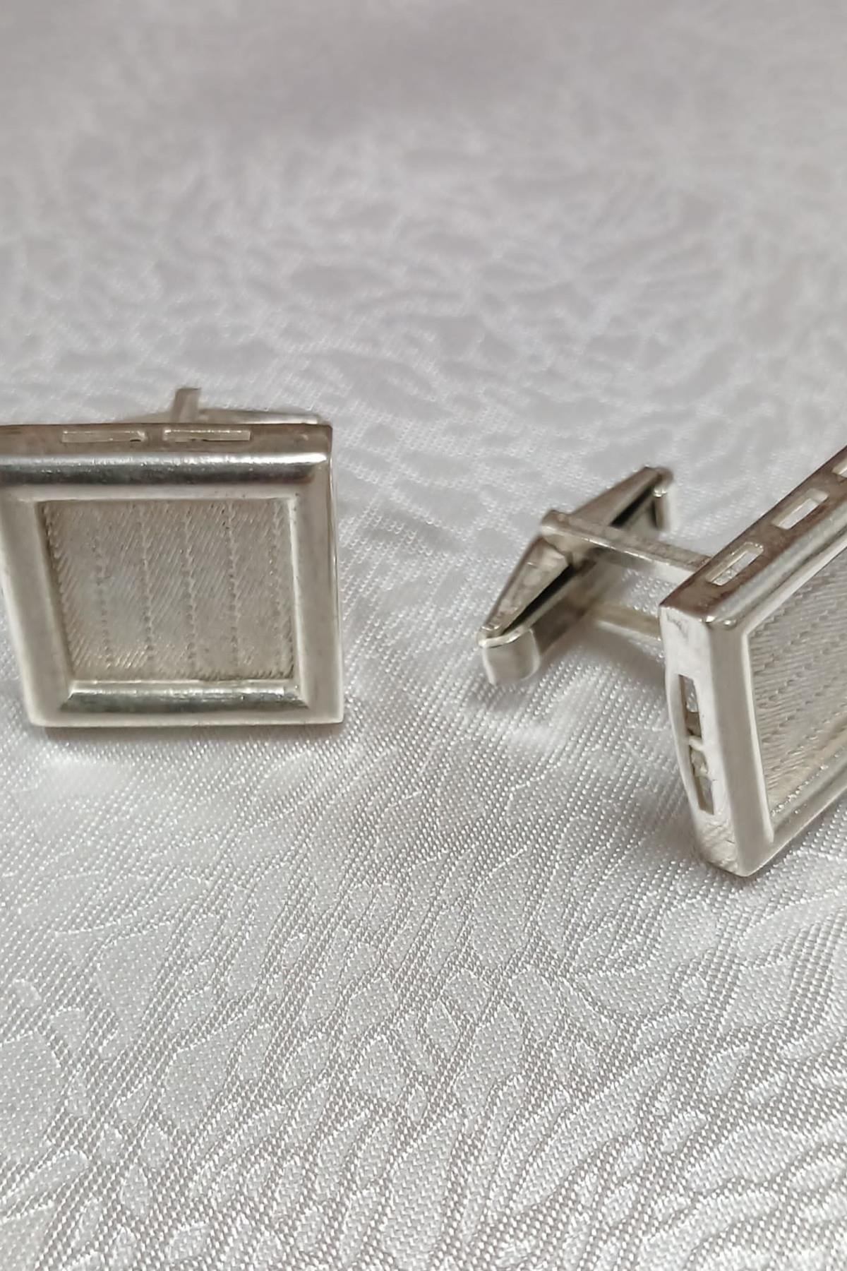 MorKalem 925 Ayar Gümüş Kare 1,5 x 1,5 cm Trabzon Hasırı Kol Düğmesi 