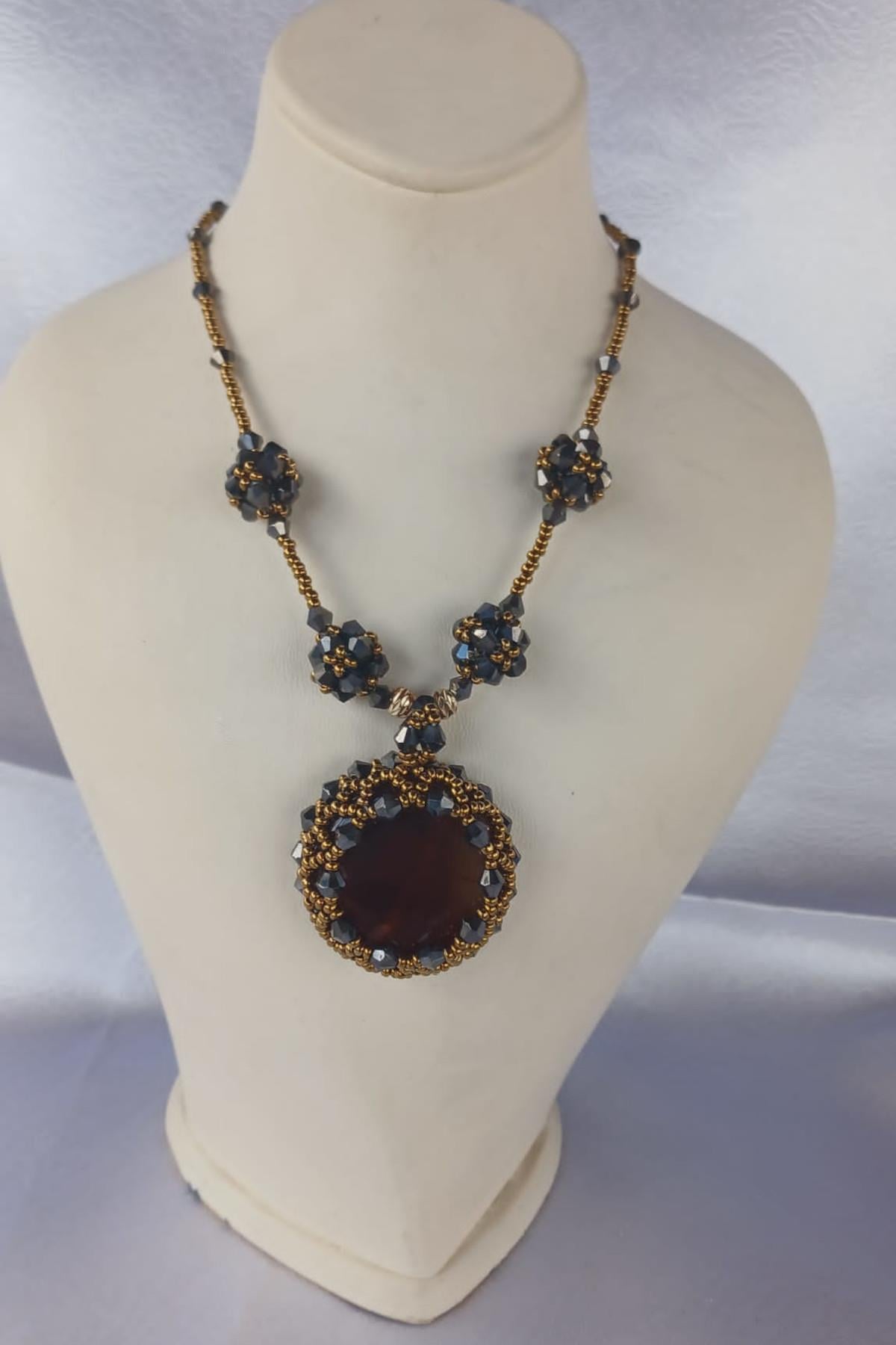 MorKalem Kahve 60 cm Agat Taş Örme Kristal Kum Boncuk Doğal Taş Kolye 