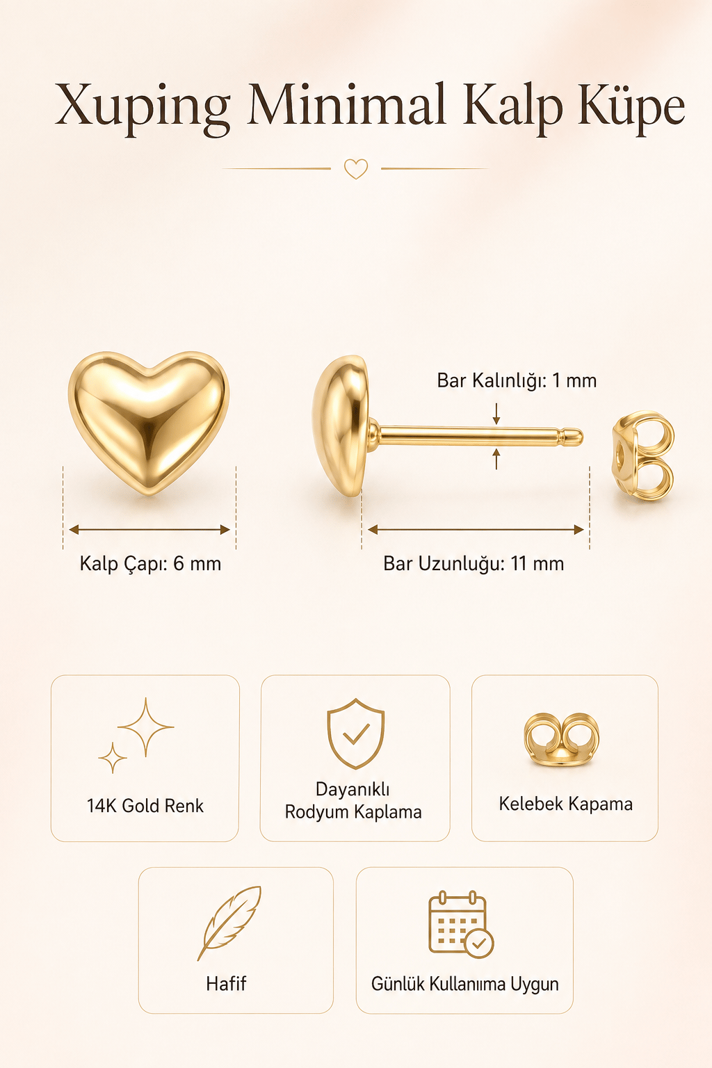 14K Altın Kaplama Mini Kalp Küpe – 4 mm Zarif Tasarım & Helix Uyumlu