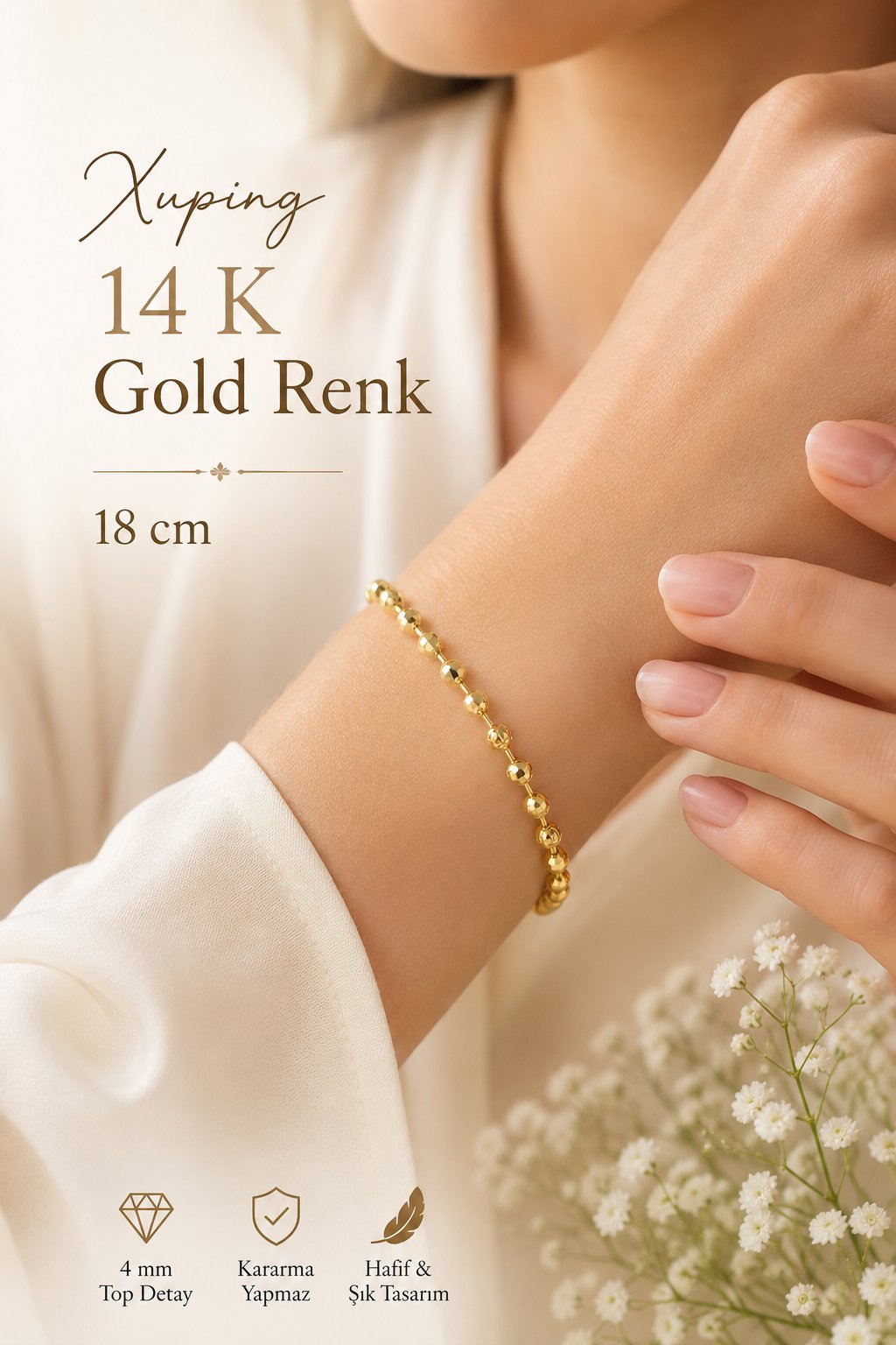 14K Gold Renk Dorika Topçuklu Kadın Bileklik 18 cm