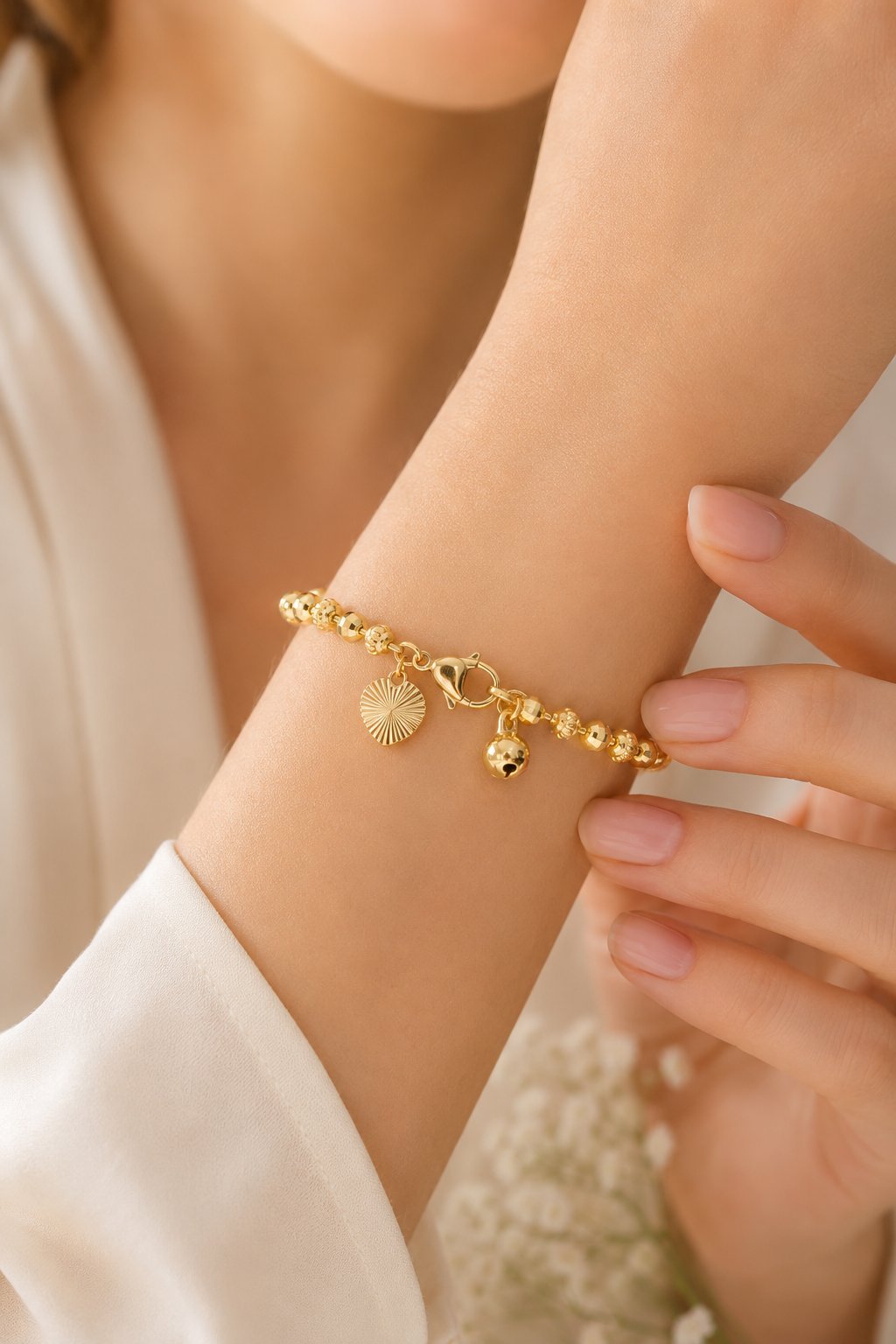 14K Gold Renk Dorika Topçuklu Kadın Bileklik 18 cm