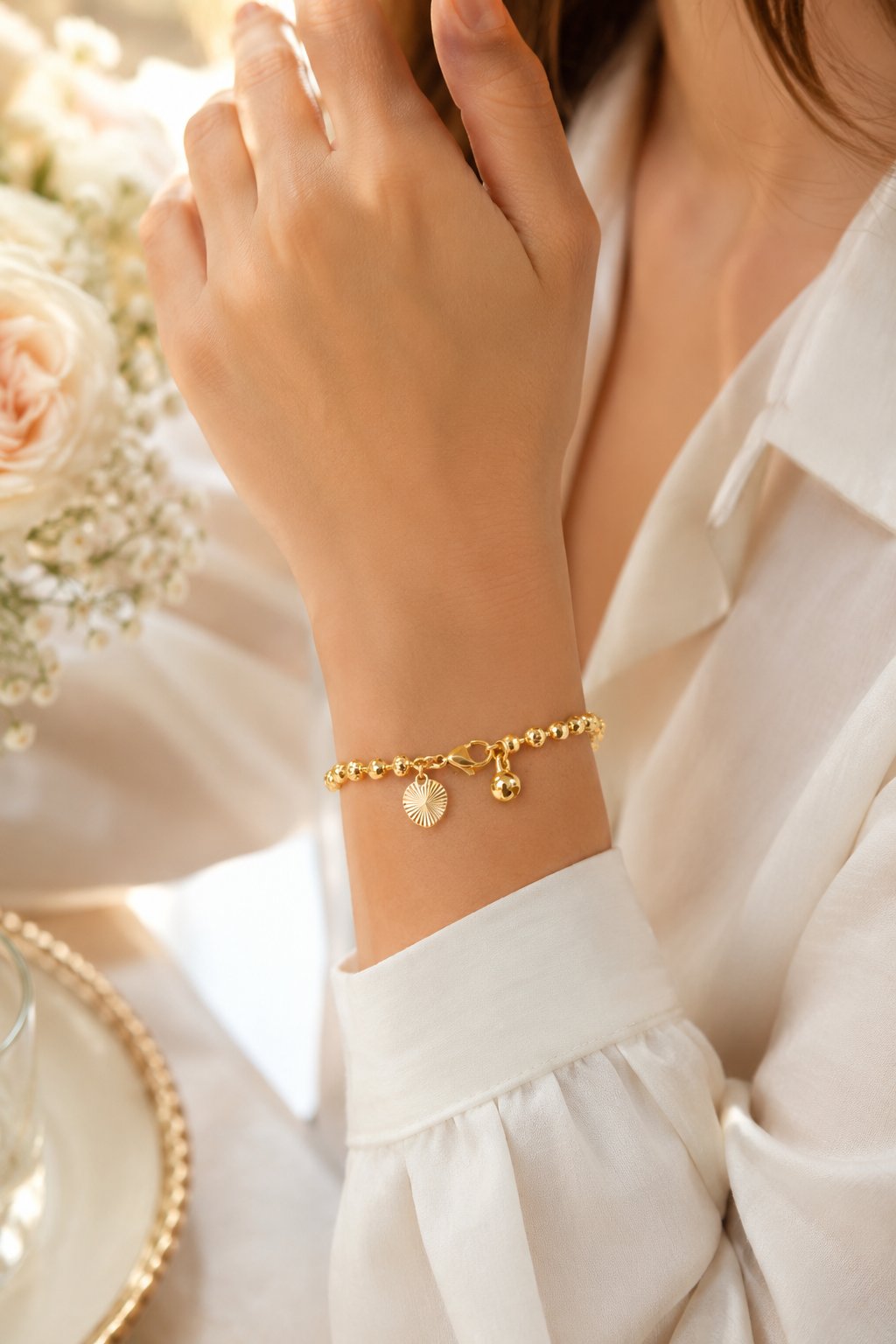 14K Gold Renk Dorika Topçuklu Kadın Bileklik 18 cm