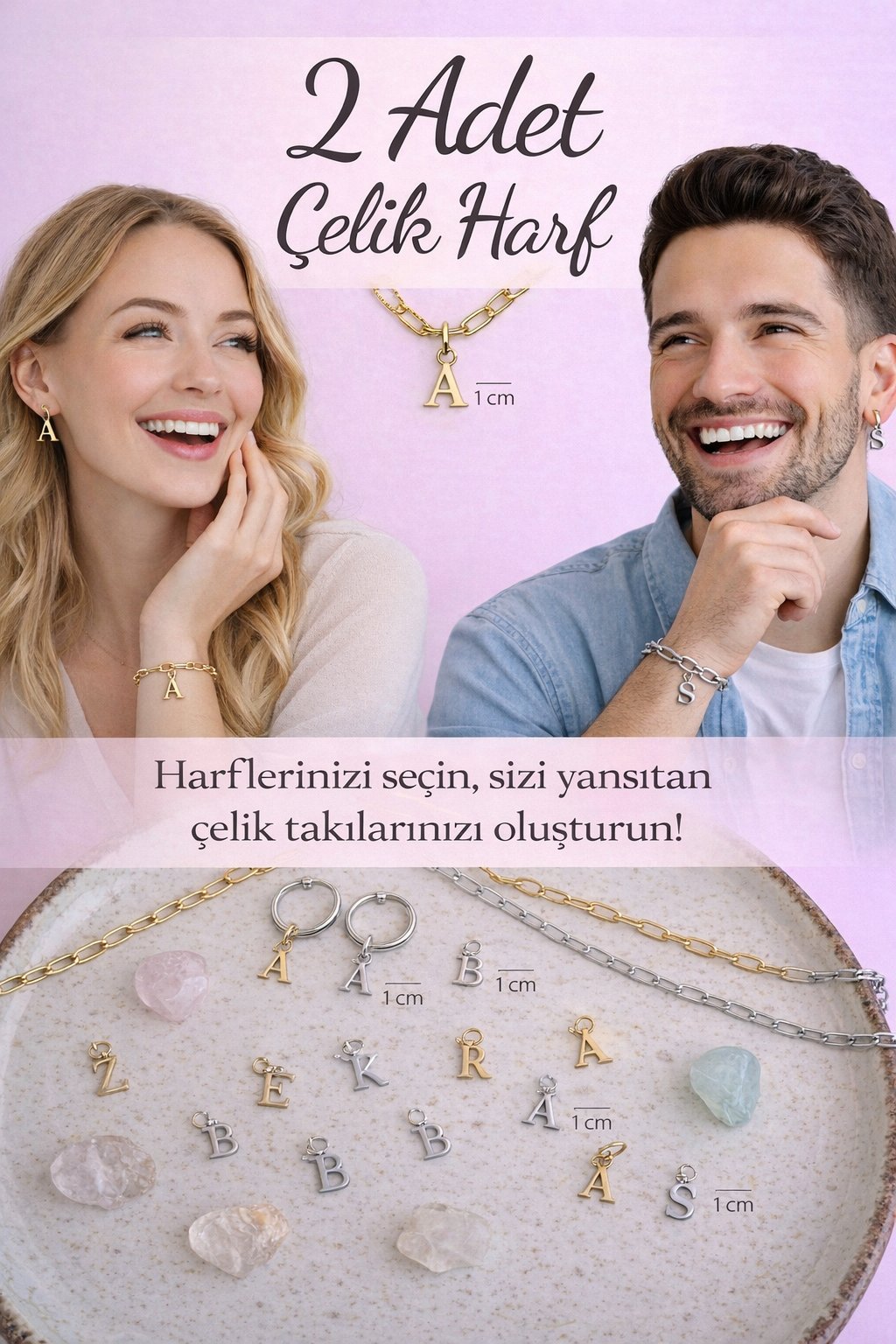 2 Adet Çelik Harf Charm (Gold & Silver)