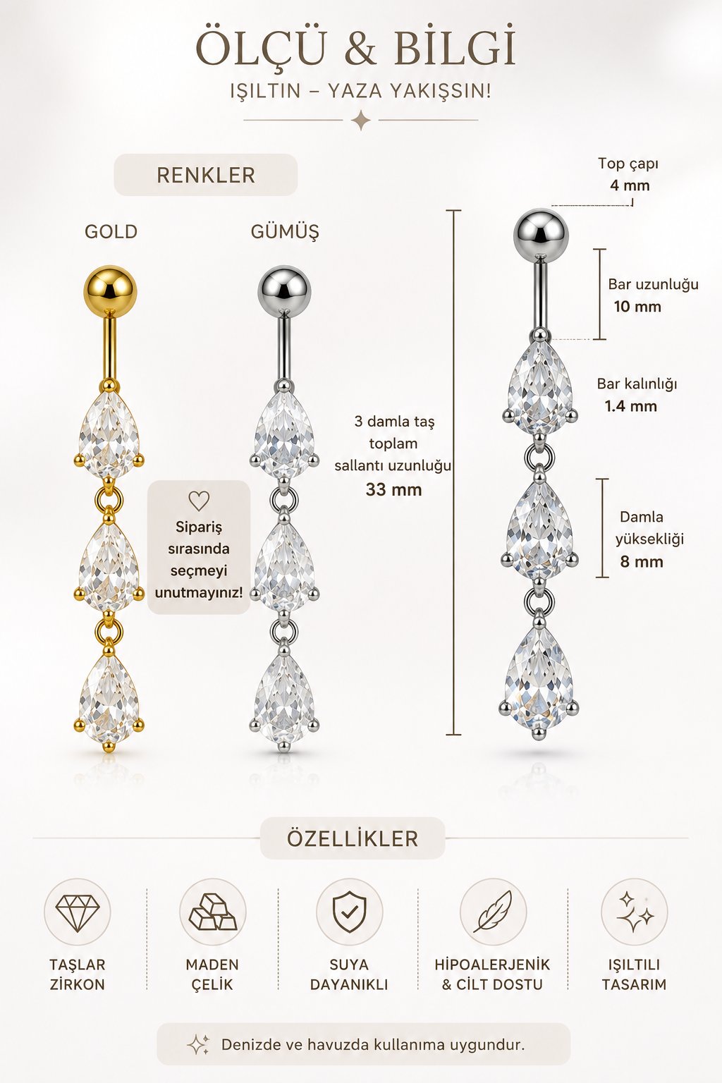 3 Damla Zirkon Taşlı Çelik Göbek Piercingi Sallantılı Model Su Damlası