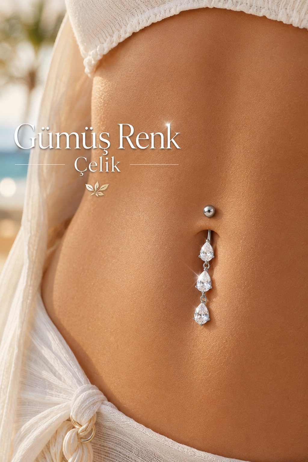 3 Damla Zirkon Taşlı Çelik Göbek Piercingi Sallantılı Model Su Damlası
