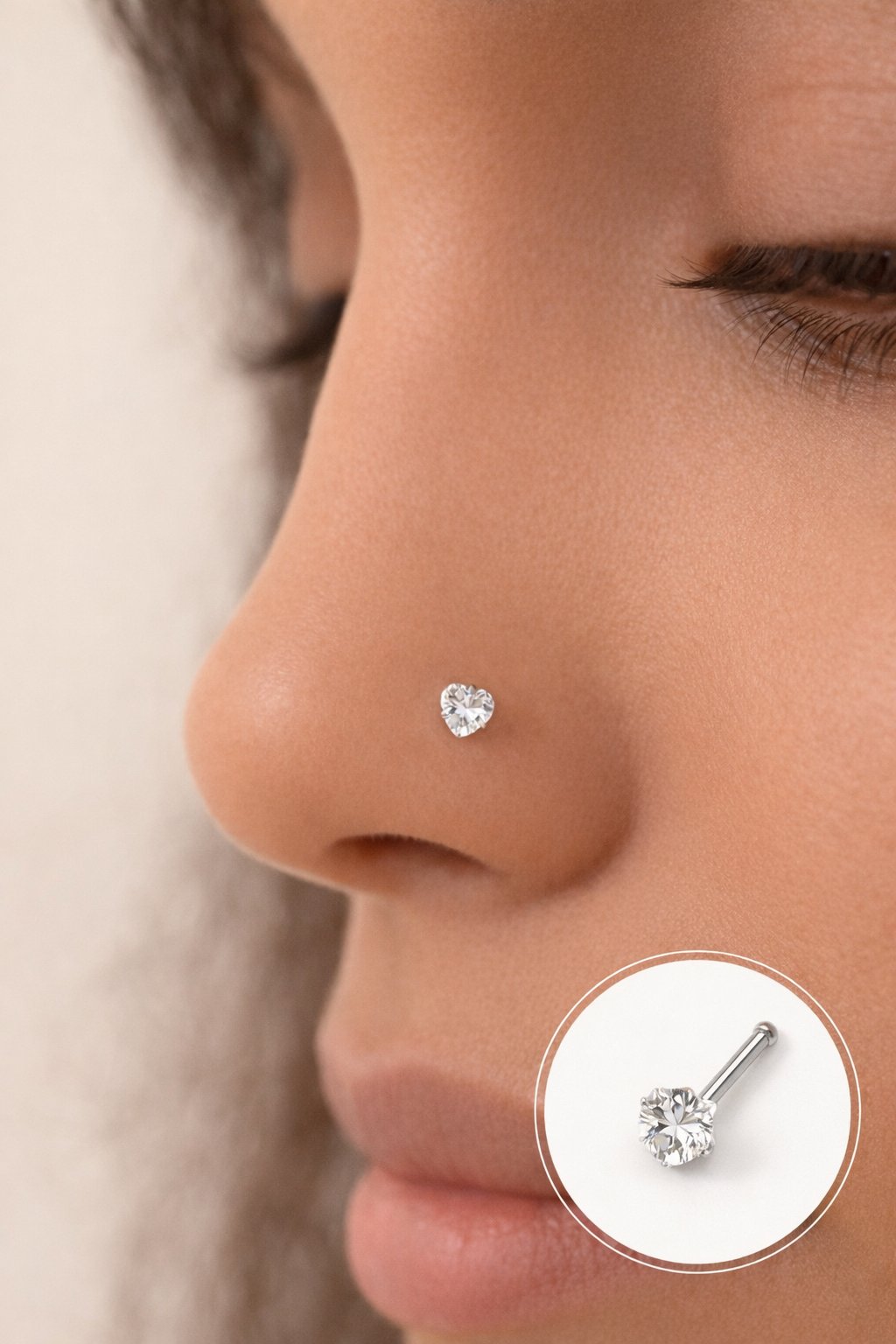 316 L Çelik 3 mm Kalp Tektaş Hızma Burun Piercingi Gümüş Renk