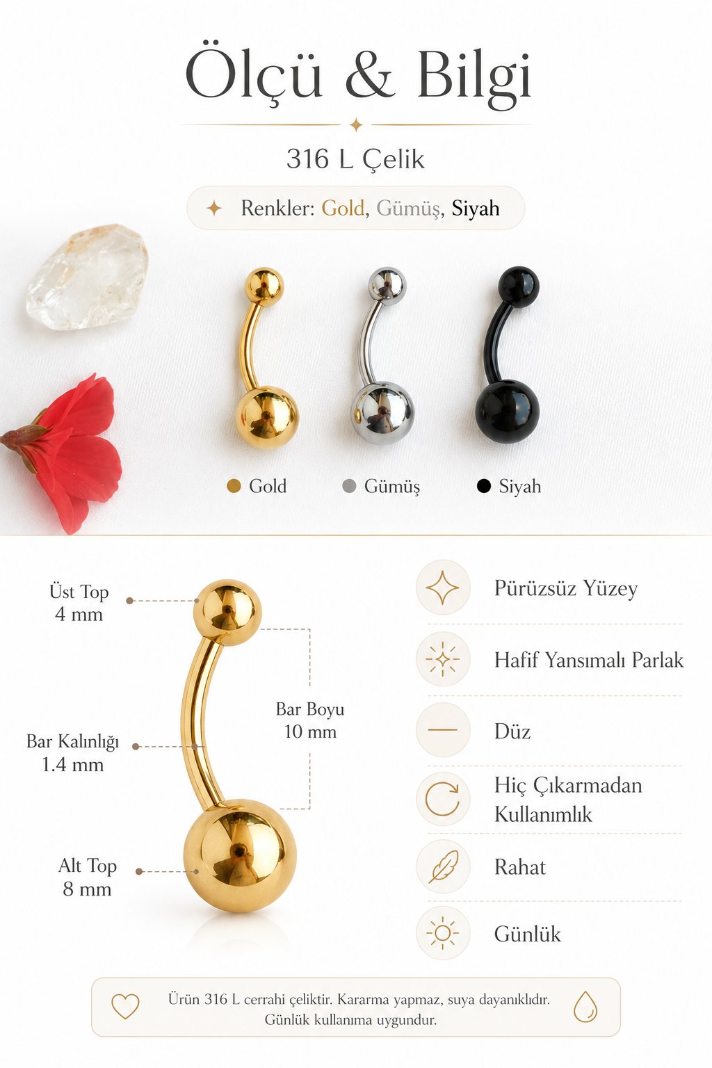 316L Çelik Düz Top Göbek Piercingi