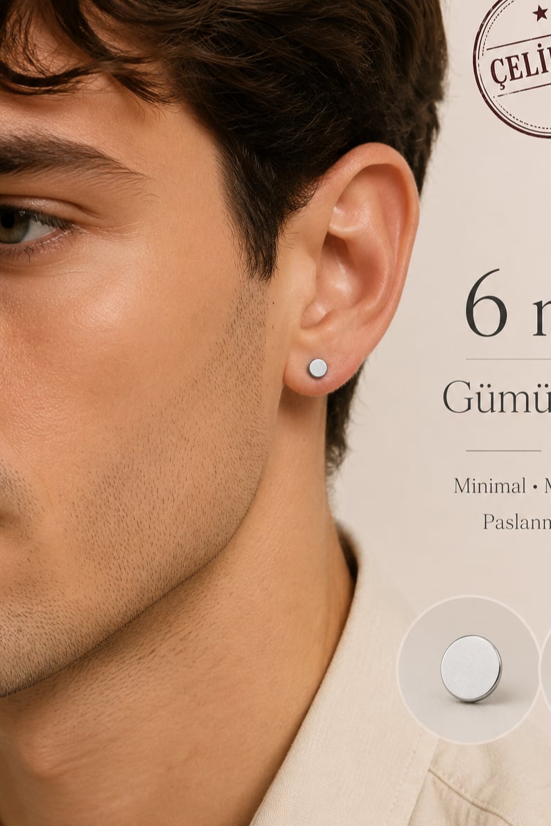316L Çelik Erkek Küpe 6 mm Çift Taraflı Daire Vidalı Gümüş Renk Tek Adet Unisex