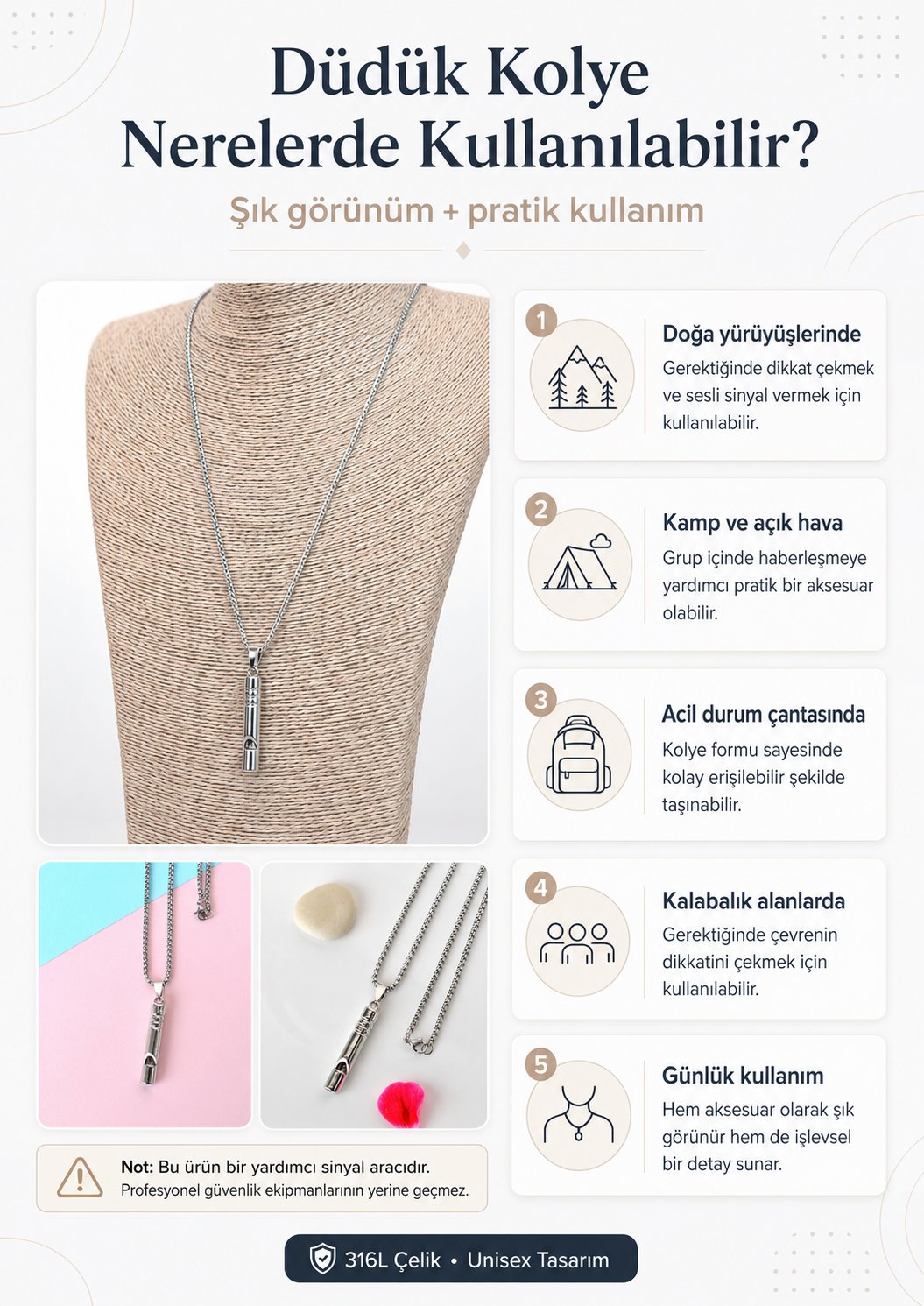 316L Çelik Kolye Gerçek Düdük Kolye 70 cm Unisex Uzun Zincir