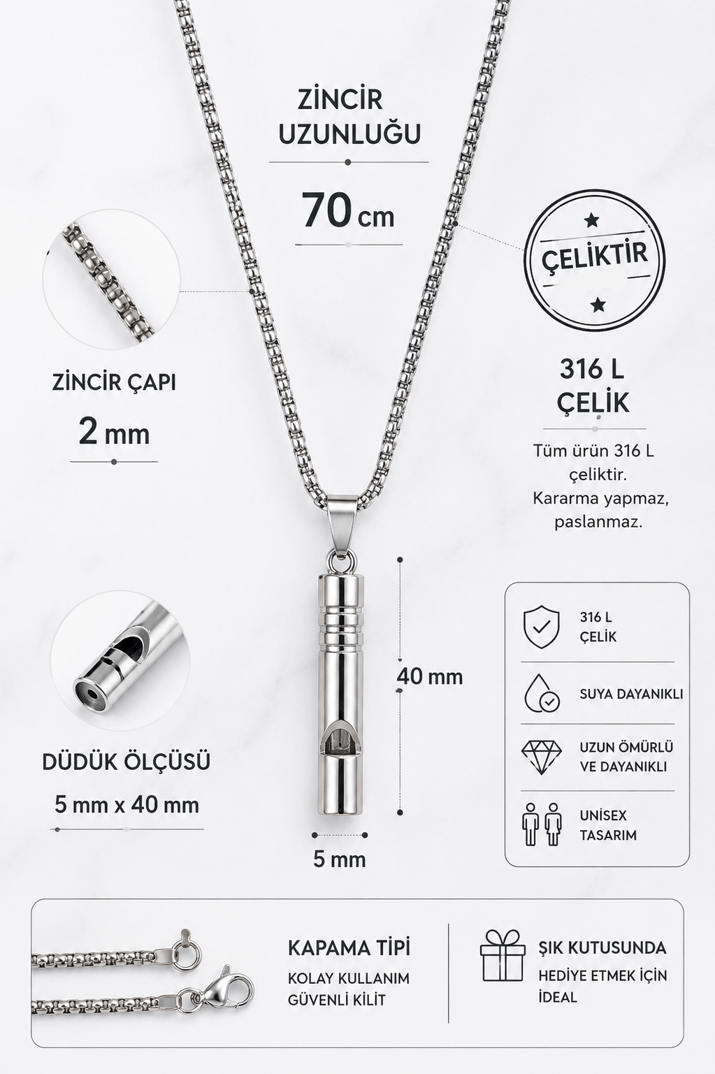 316L Çelik Kolye Gerçek Düdük Kolye 70 cm Unisex Uzun Zincir