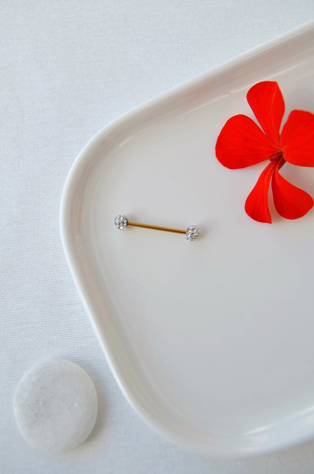 316L Çelik Kristal Taşlı Nipple ve Dil Piercing 16 mm Barbell Gold Gümüş Renk
