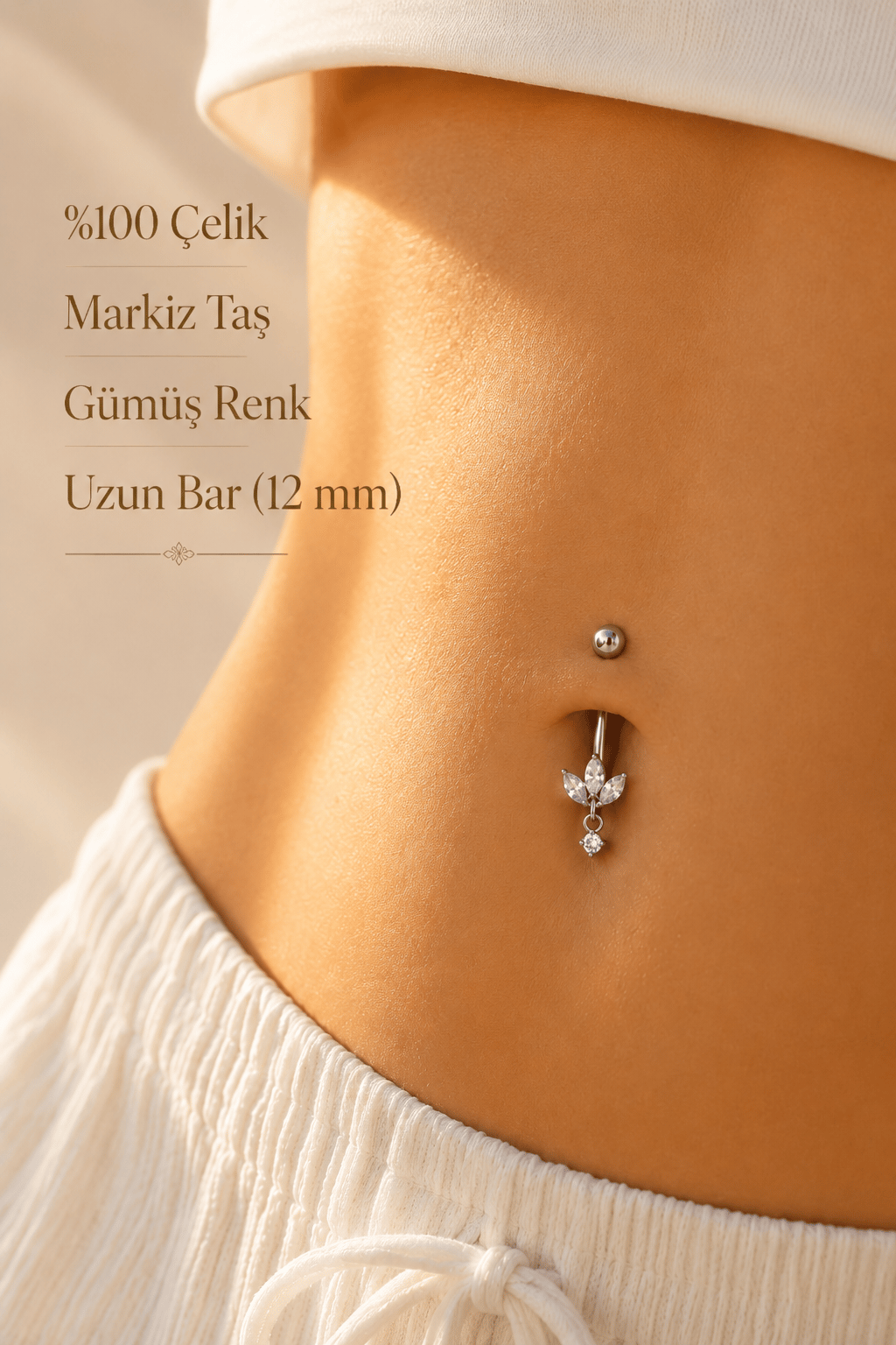 316L Çelik Uzun Bar Minimal Markiz Taşlı Göbek Piercingi 12 mm