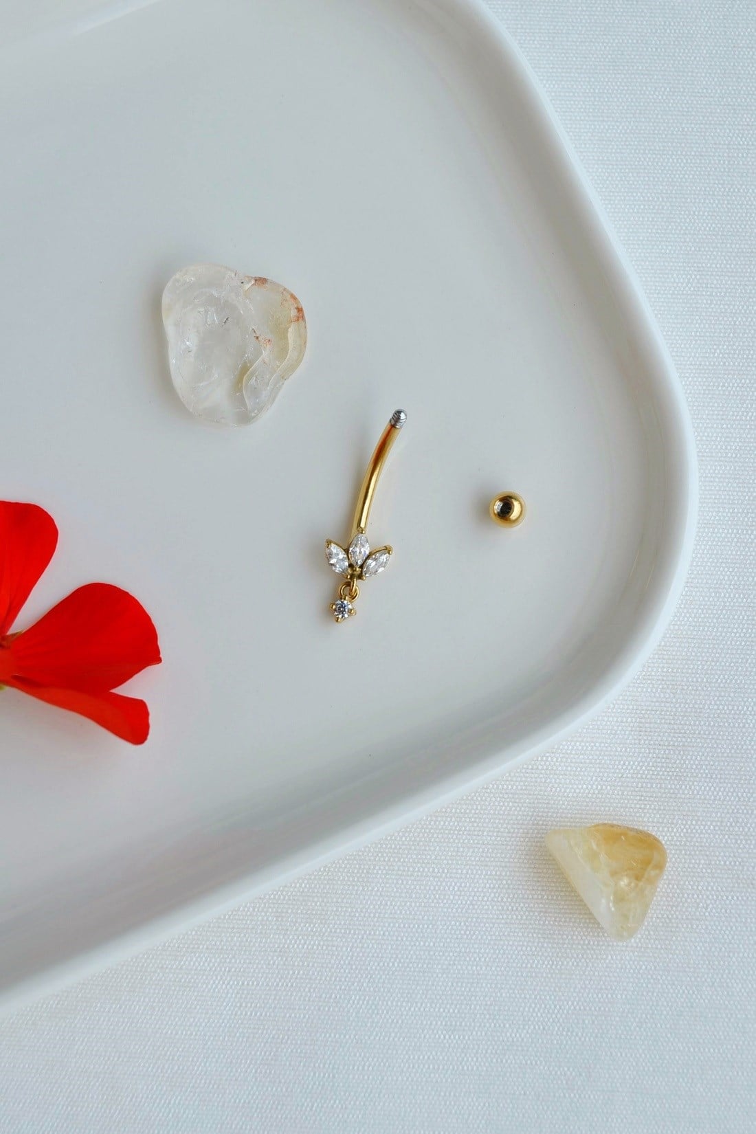 316L Çelik Uzun Bar Minimal Markiz Taşlı Göbek Piercingi 12 mm