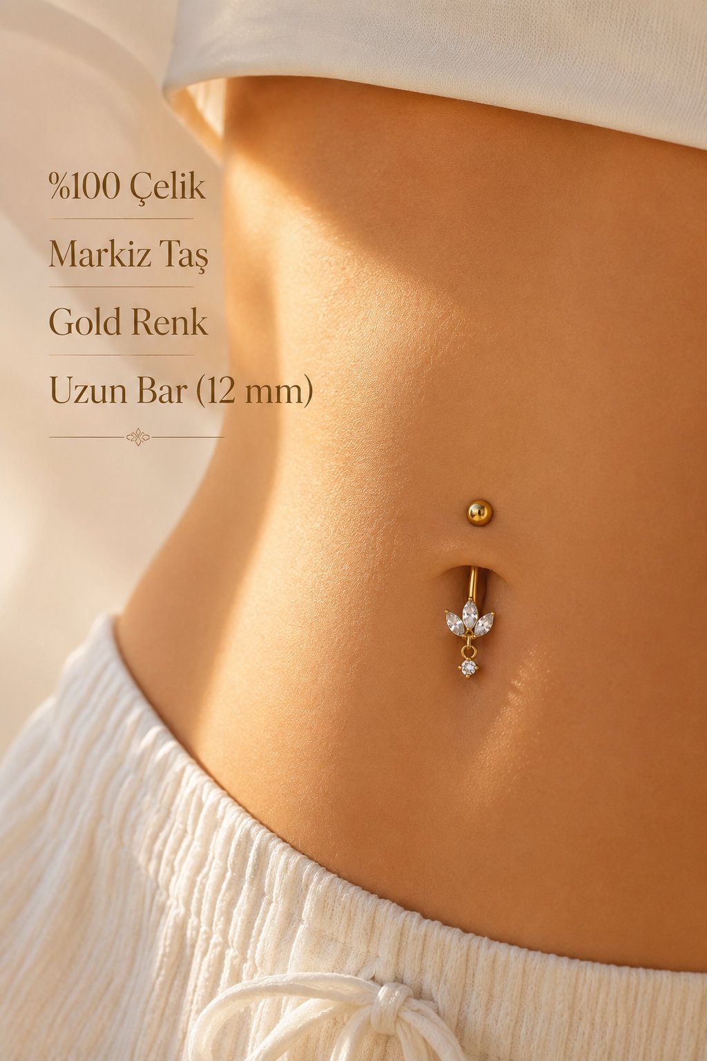 316L Çelik Uzun Bar Minimal Markiz Taşlı Göbek Piercingi 12 mm