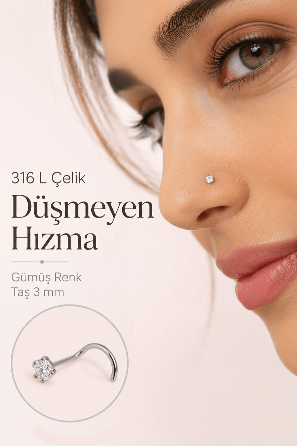 3'lü 316L Çelik Burun Hızması Seti 3 mm Zirkon Taşlı Düz L Kıvrımlı