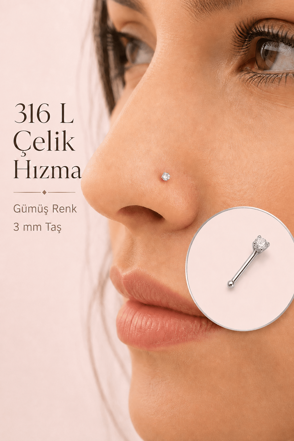 3'lü 316L Çelik Burun Hızması Seti 3 mm Zirkon Taşlı Düz L Kıvrımlı
