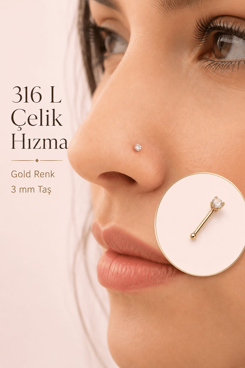 3'lü 316L Çelik Burun Hızması Seti 3 mm Zirkon Taşlı Düz L Kıvrımlı