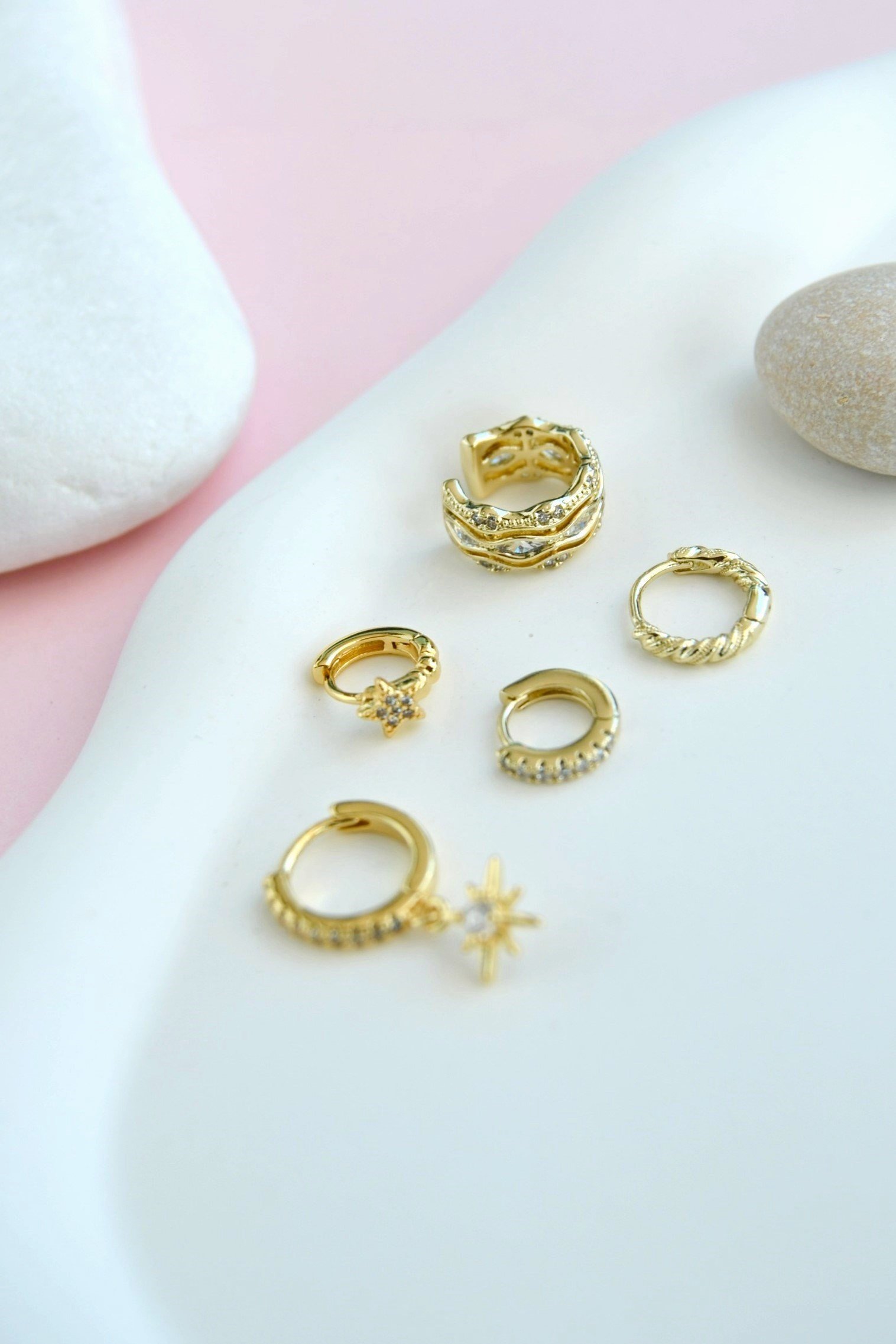 5 Parça 14K Gold Kulak Kombin Seti Zirkon Taşlı Küpe ve Earcuff
