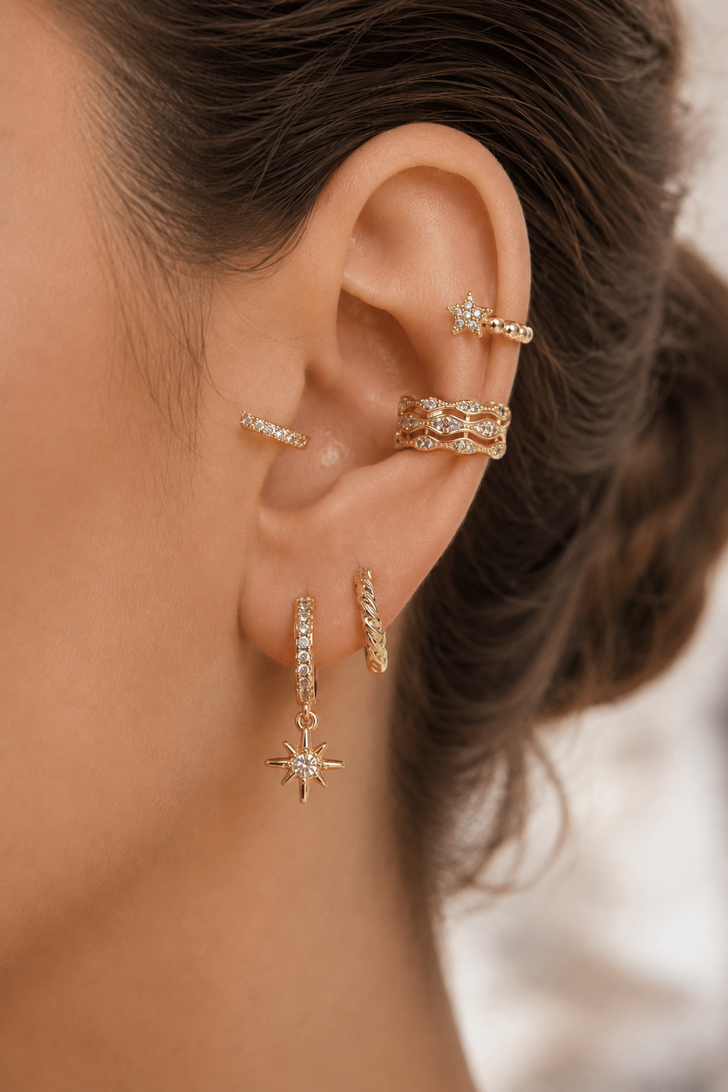 5 Parça 14K Gold Kulak Kombin Seti Zirkon Taşlı Küpe ve Earcuff