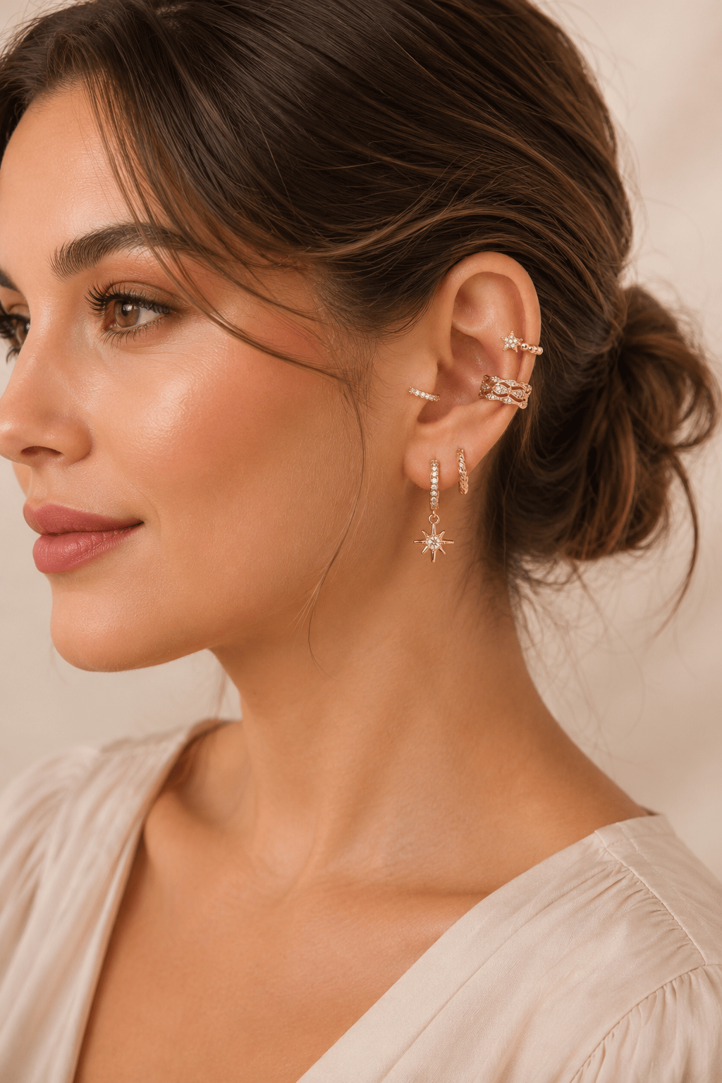 5 Parça 14K Gold Kulak Kombin Seti Zirkon Taşlı Küpe ve Earcuff