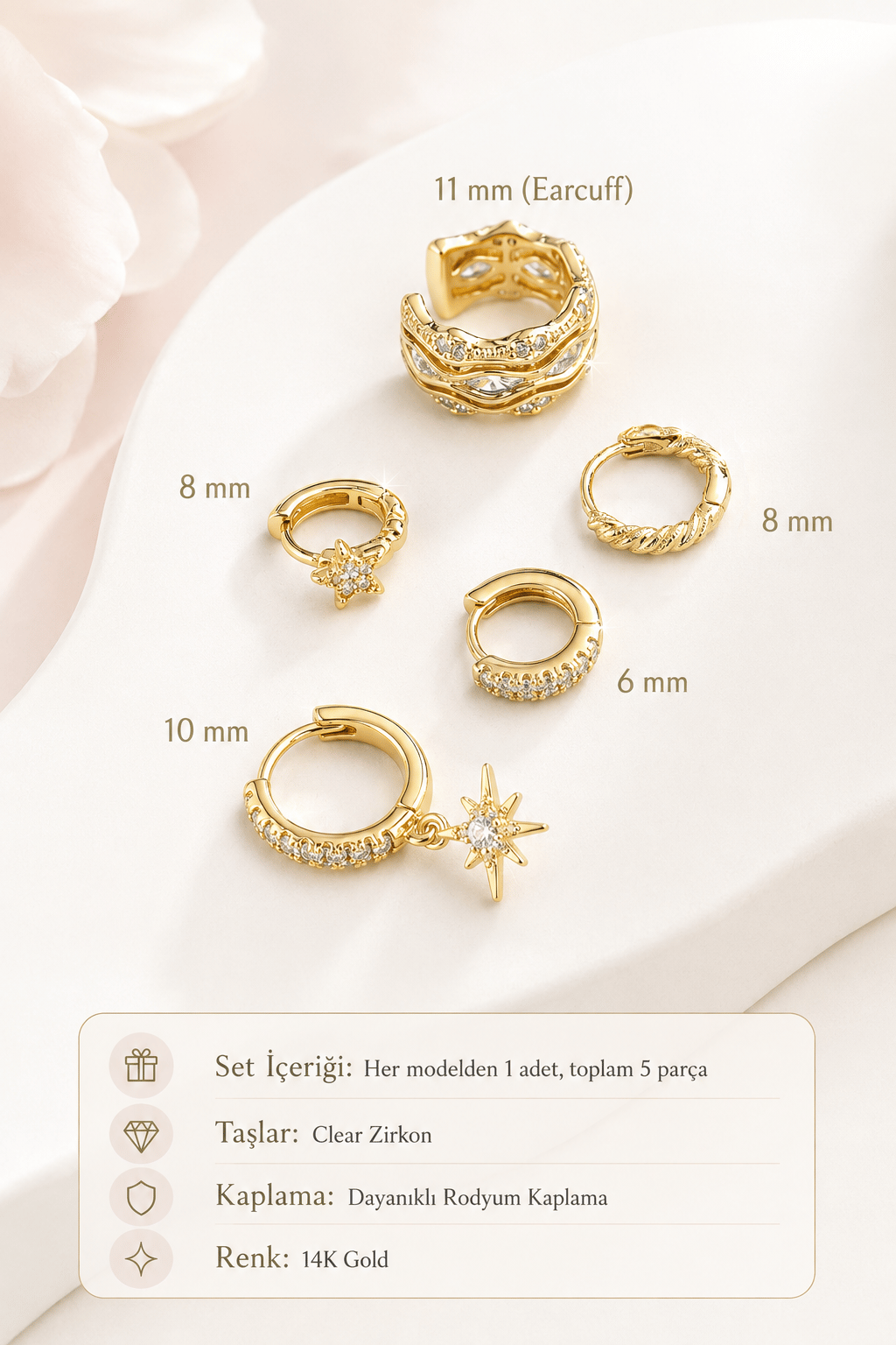 5 Parça 14K Gold Kulak Kombin Seti Zirkon Taşlı Küpe ve Earcuff