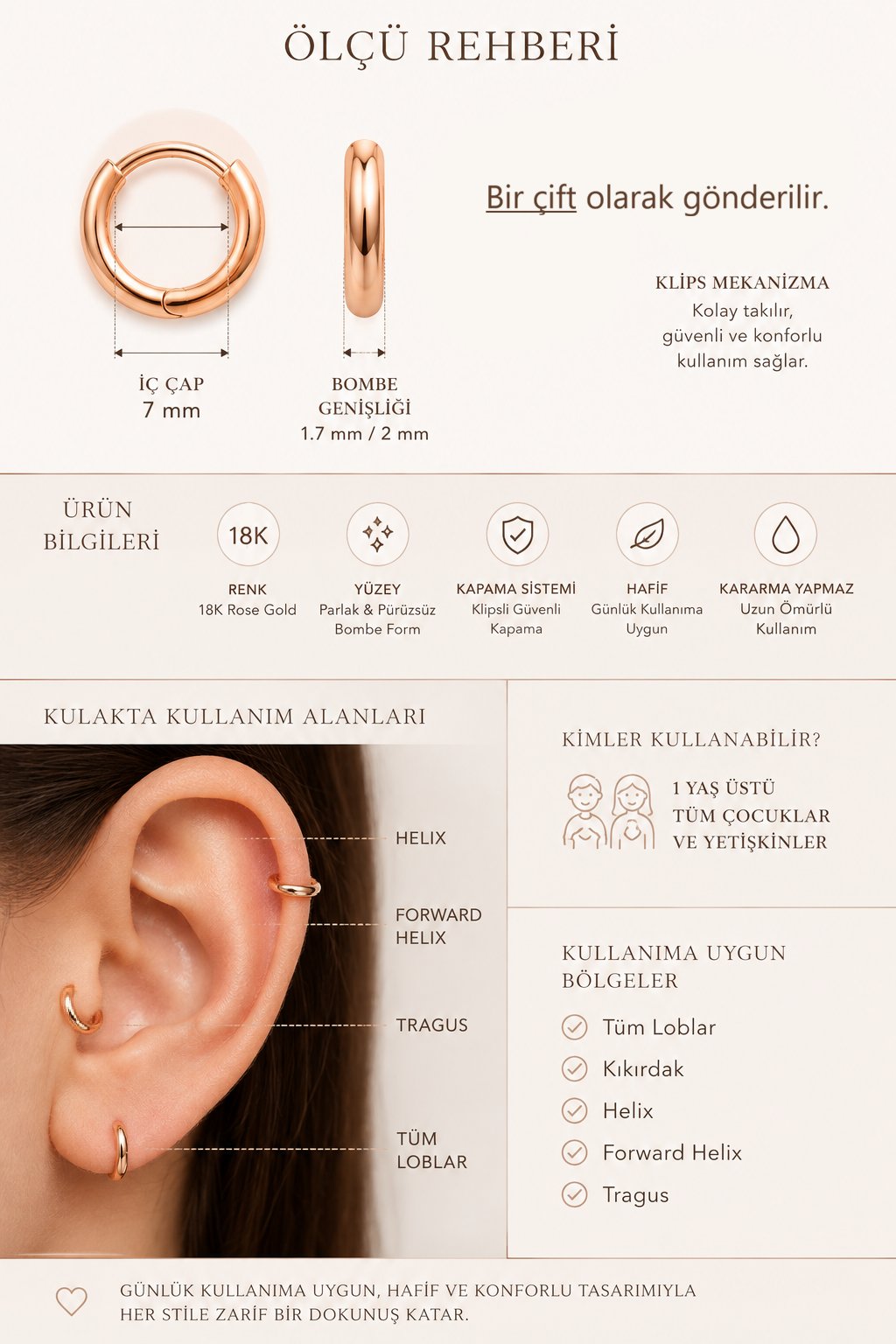 7 mm Mini Halka Küpe Rose Gold – Tam Saran Minimal Xuping Küpe 1 Çift