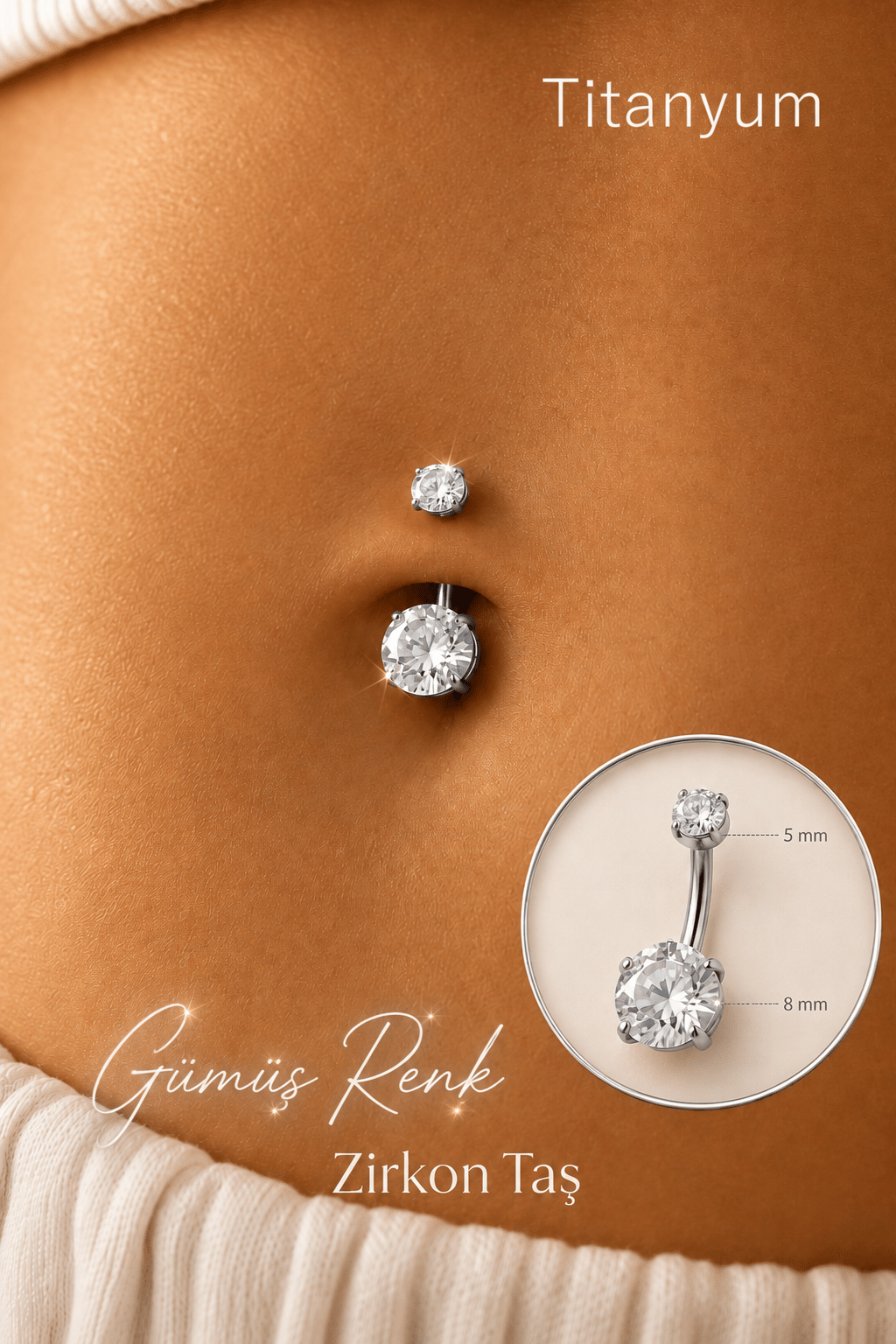 8 mm Tektaş Titanyum Göbek Piercing – Zirkon Taşlı