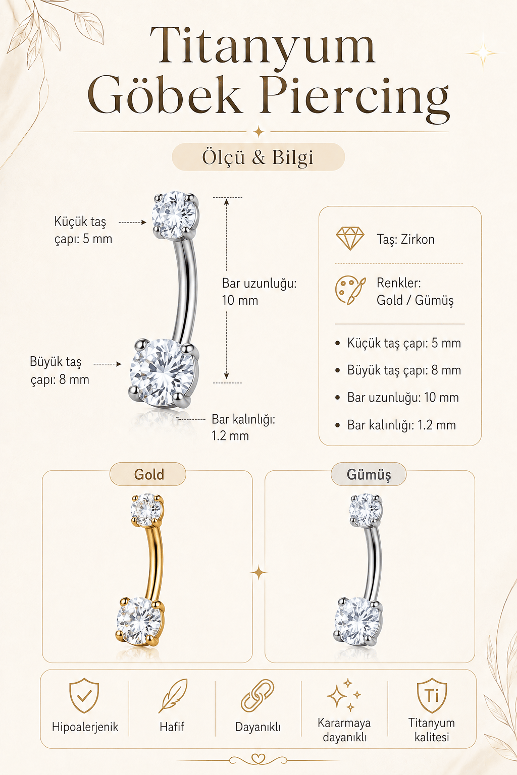 8 mm Tektaş Titanyum Göbek Piercing – Zirkon Taşlı