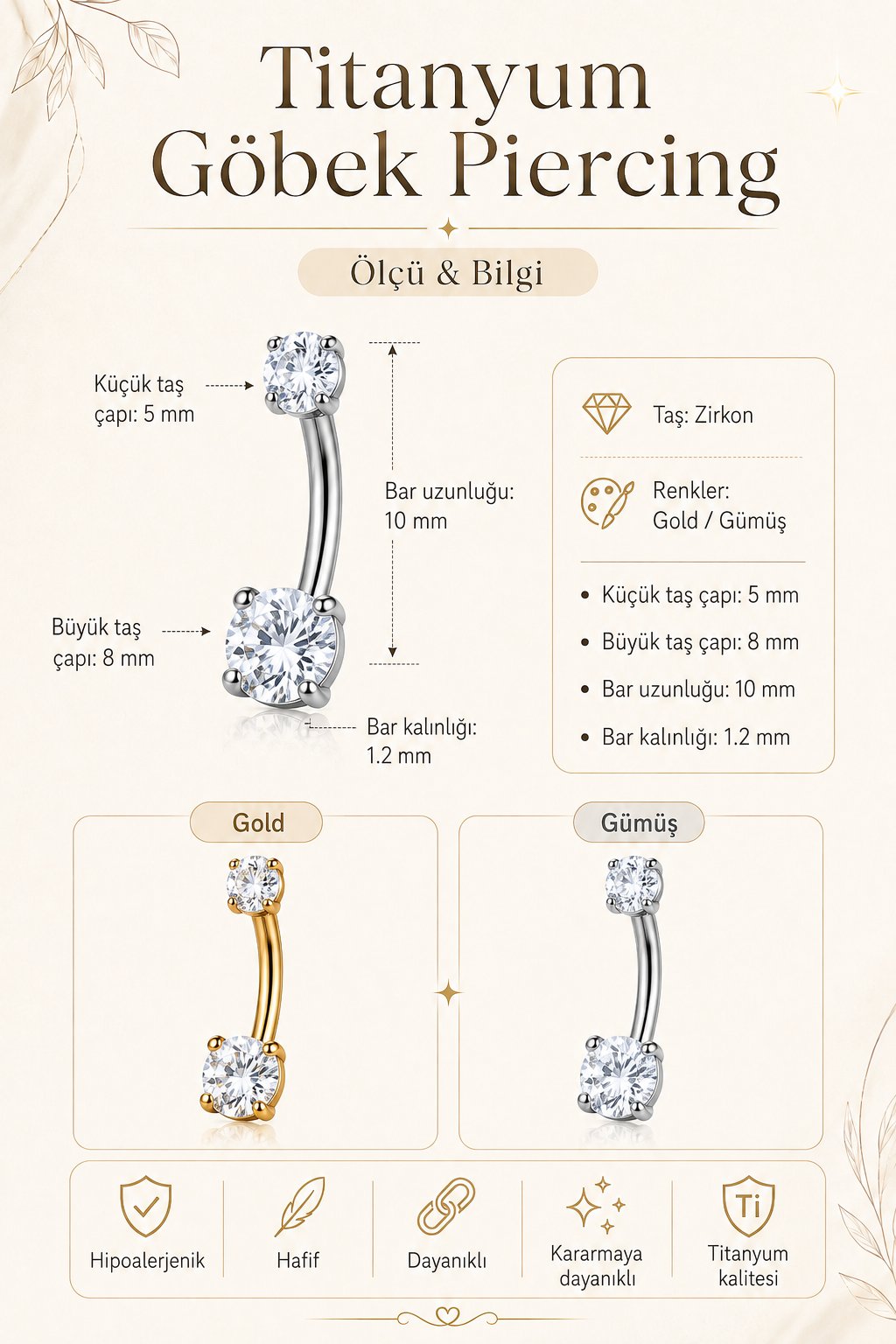 8 mm Tektaş Titanyum Göbek Piercing – Zirkon Taşlı