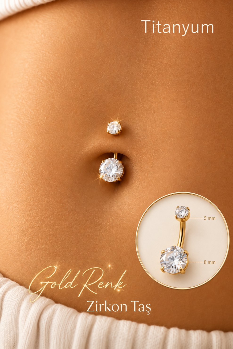 8 mm Tektaş Titanyum Göbek Piercing – Zirkon Taşlı