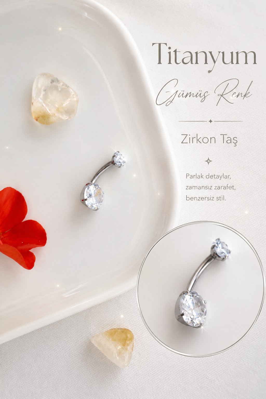 8 mm Tektaş Titanyum Göbek Piercing – Zirkon Taşlı