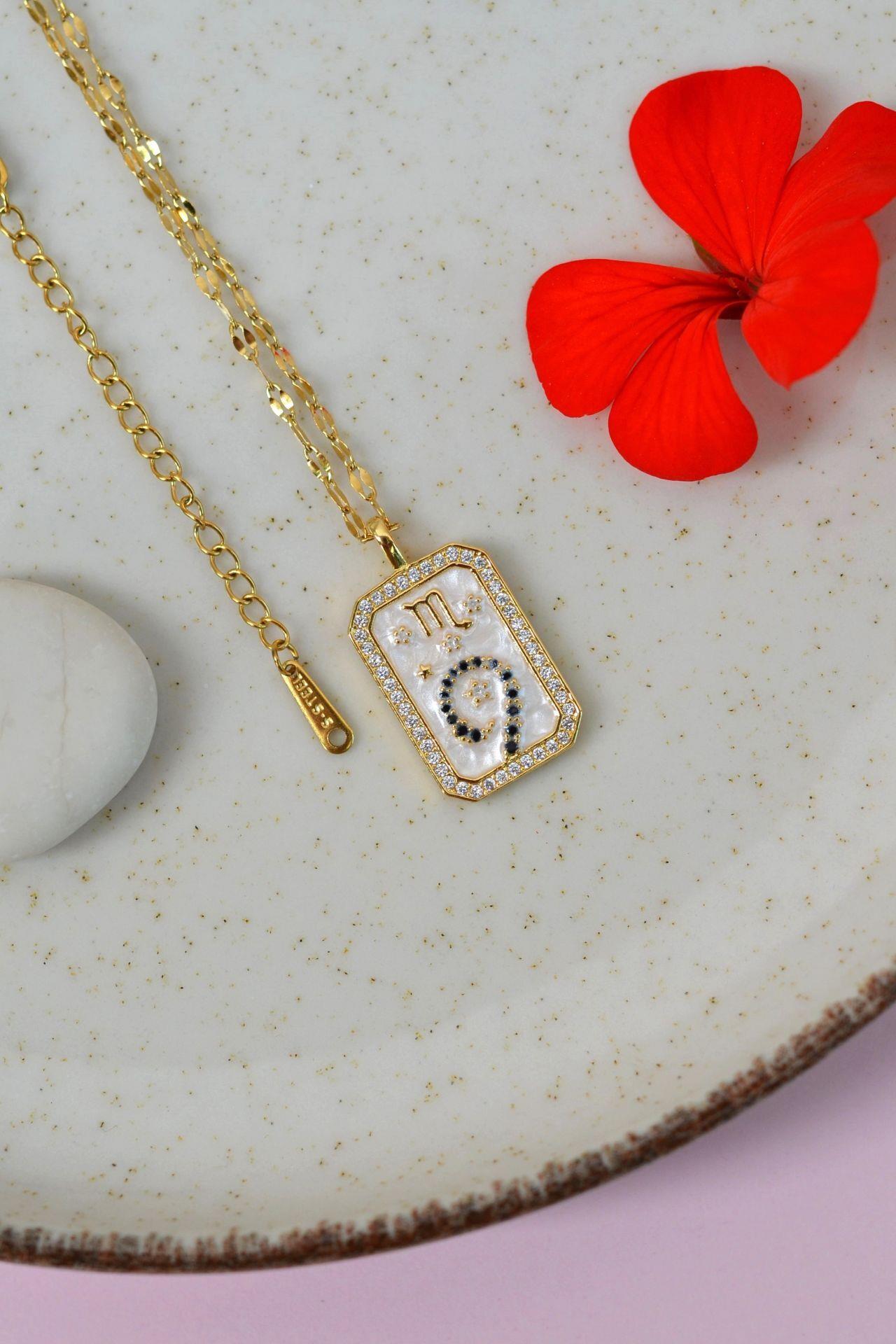 Akrep Burcu Kolye Çelik Burç Kolye Akrep Gold Renk