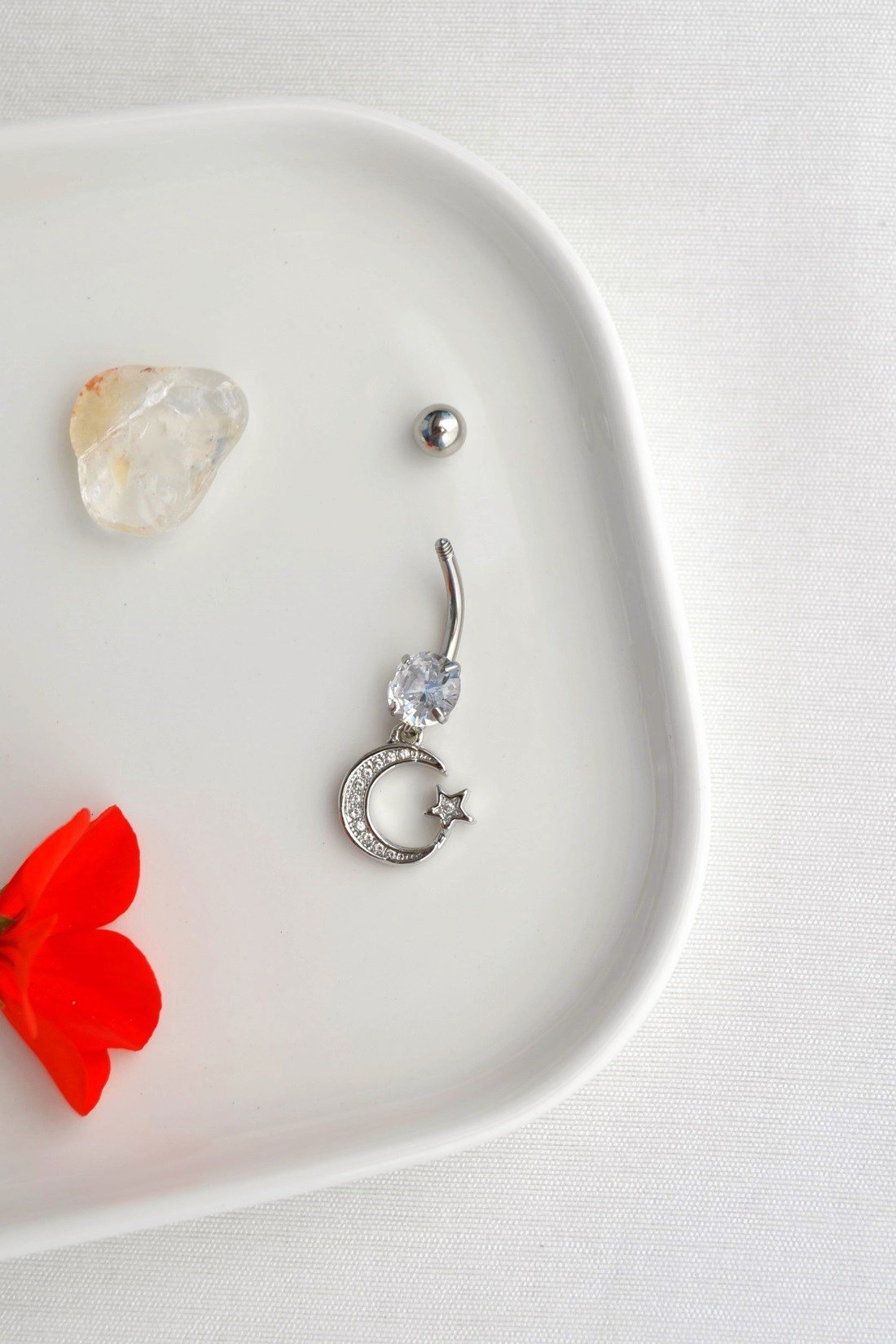 Ay Yıldız Sallantılı Zirkon Taşlı Çelik Göbek Piercing