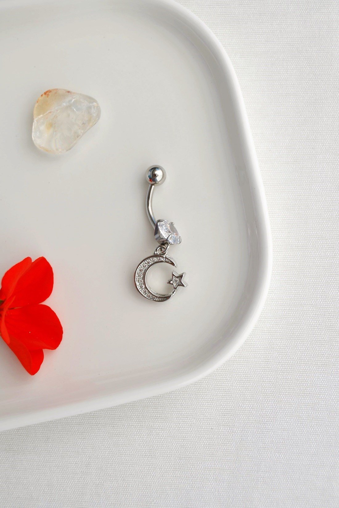 Ay Yıldız Sallantılı Zirkon Taşlı Çelik Göbek Piercing