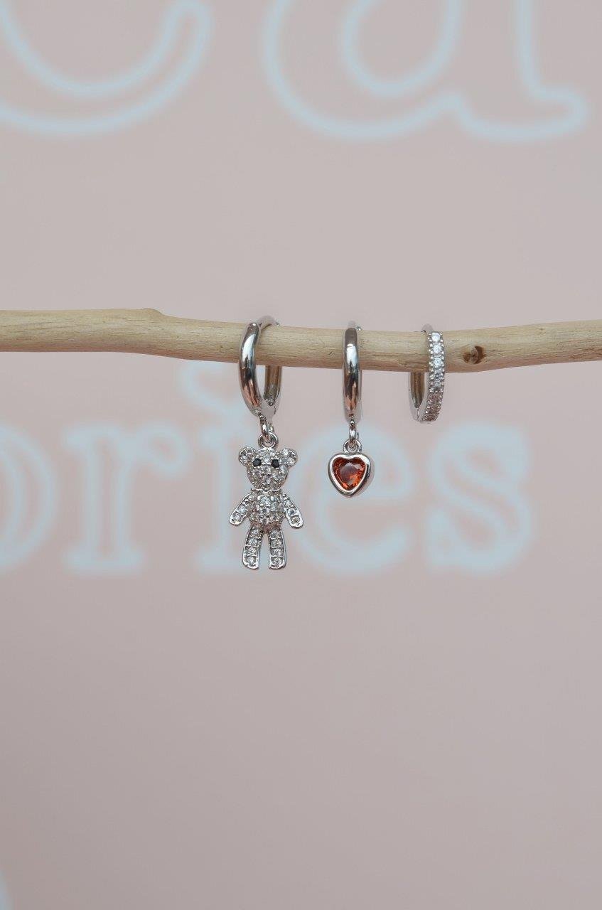 Ayıcık Kalp Detaylı 3'lü Küpe Seti Gümüş Renk