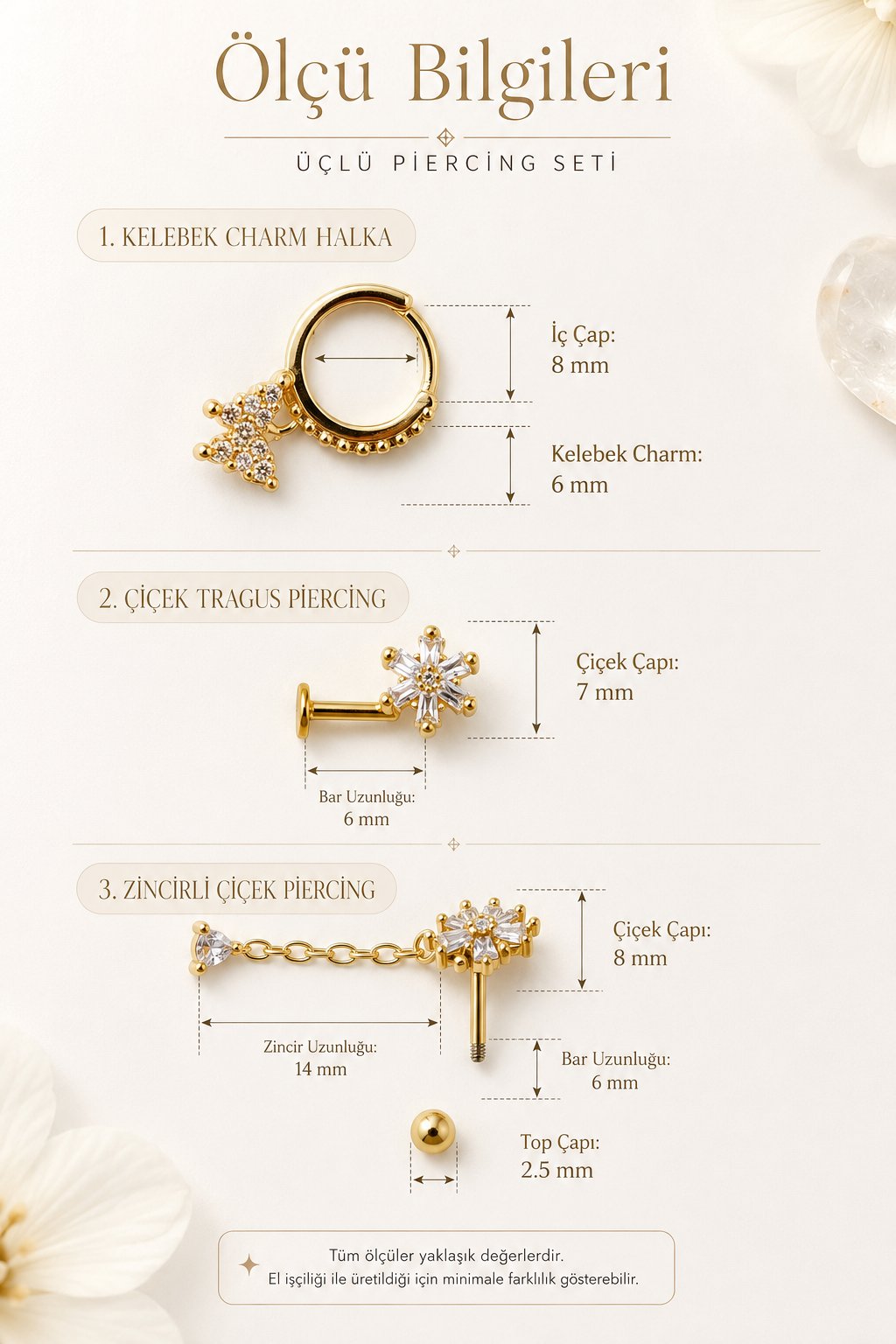 Bahar Esintisi 3'lü Piercing Seti Gold Kelebek Halka ve Zirkon Taşlı Çiçek Piercing