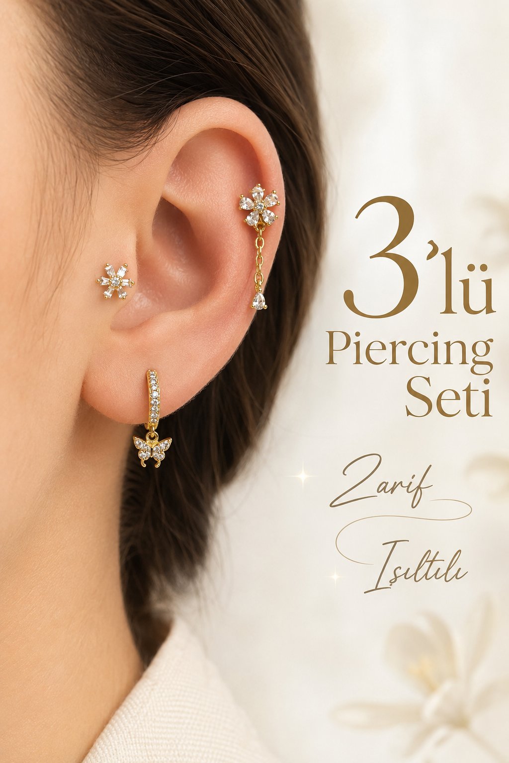 Bahar Esintisi 3'lü Piercing Seti Gold Kelebek Halka ve Zirkon Taşlı Çiçek Piercing